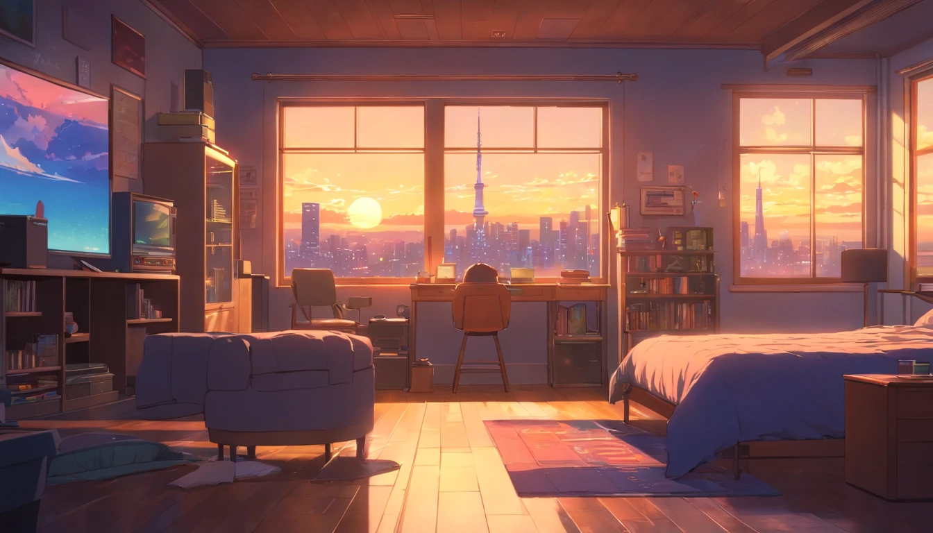 3d animation cinematic still of a cozy room, big windows with city view at night, crested moon, melancholic, sad vibes, bed is unmade, computer desk, cluttered with the mismatched furniture, The otaku style posters on the walls and the guitar in the corner,in style of Pixar, Disney, vaporwave