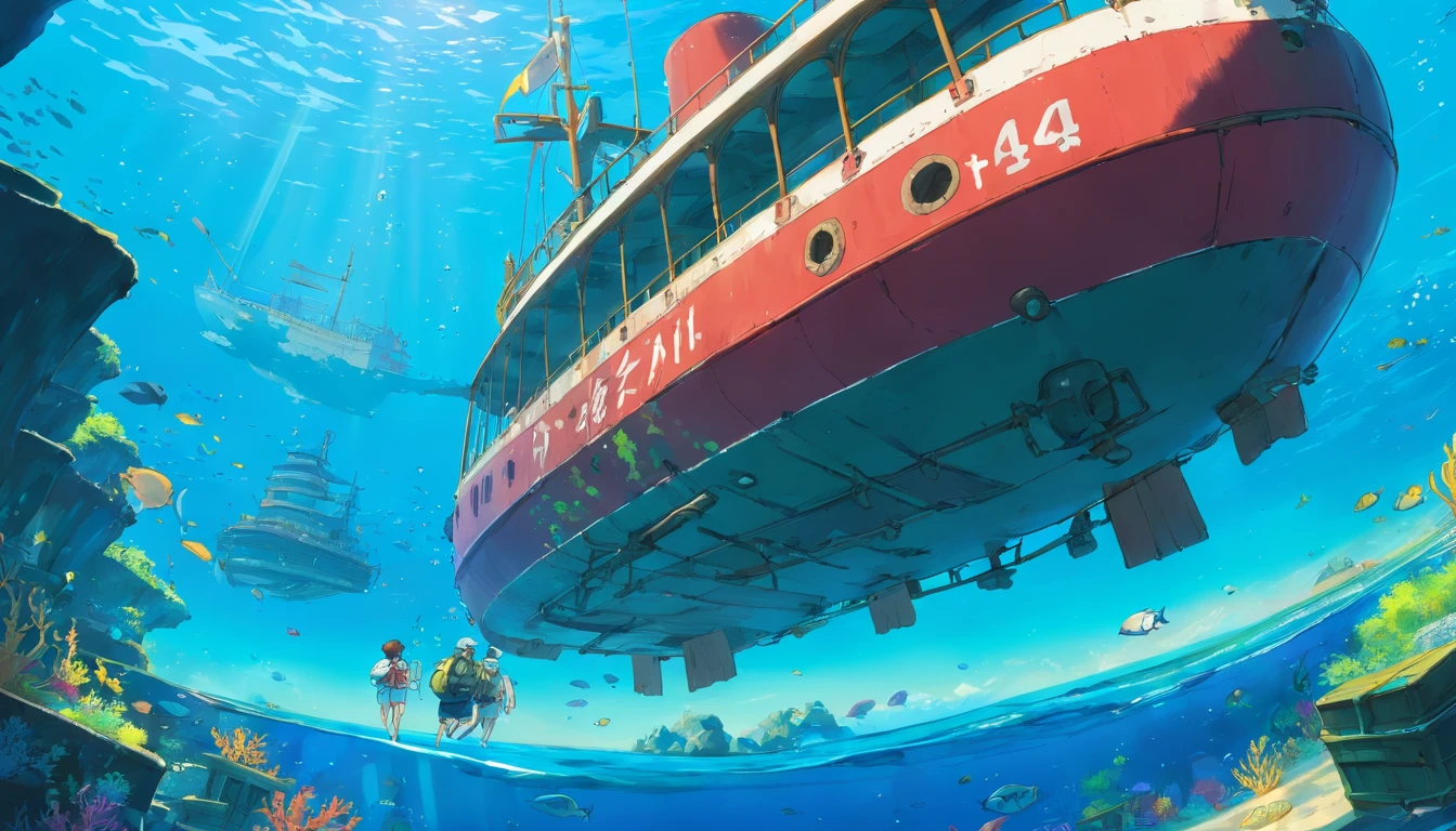 (A high resolution:1.2,hyper HD,Underwater),Amy Ross,Scuba diving,shipwreck,Clear water,the reef,Fish swimming,suns rays,Deep-sea exploration,Adventure,Explore the unknown,Diving equipment,scuba mask,Fin limbs,Wetsuit,Underwater world,Marine life,diver,Depth,underwater photography,Colorful,Remote location,Adventure sports,Shipwreck exploration,Rich biodiversity,Vivid colors,Detailed textures,water Reflections,Sunlight penetrates water,A journey of discovery,depth perception,A thrilling experience