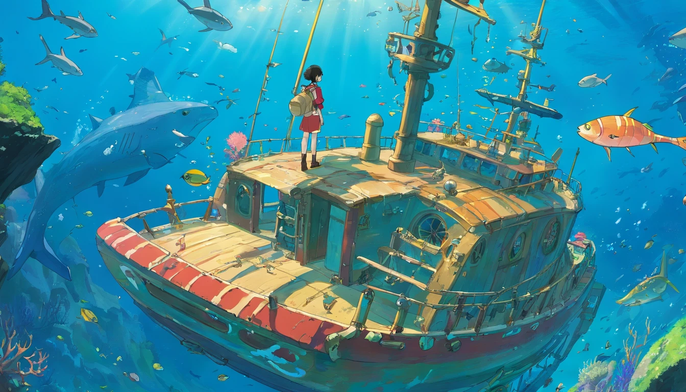 (A high resolution:1.2,hyper HD,Underwater),Amy Ross,Scuba diving,shipwreck,Clear water,the reef,Fish swimming,suns rays,Deep-sea exploration,Adventure,Explore the unknown,Diving equipment,scuba mask,Fin limbs,Wetsuit,Underwater world,Marine life,diver,Depth,underwater photography,Colorful,Remote location,Adventure sports,Shipwreck exploration,Rich biodiversity,Vivid colors,Detailed textures,water Reflections,Sunlight penetrates water,A journey of discovery,depth perception,A thrilling experience