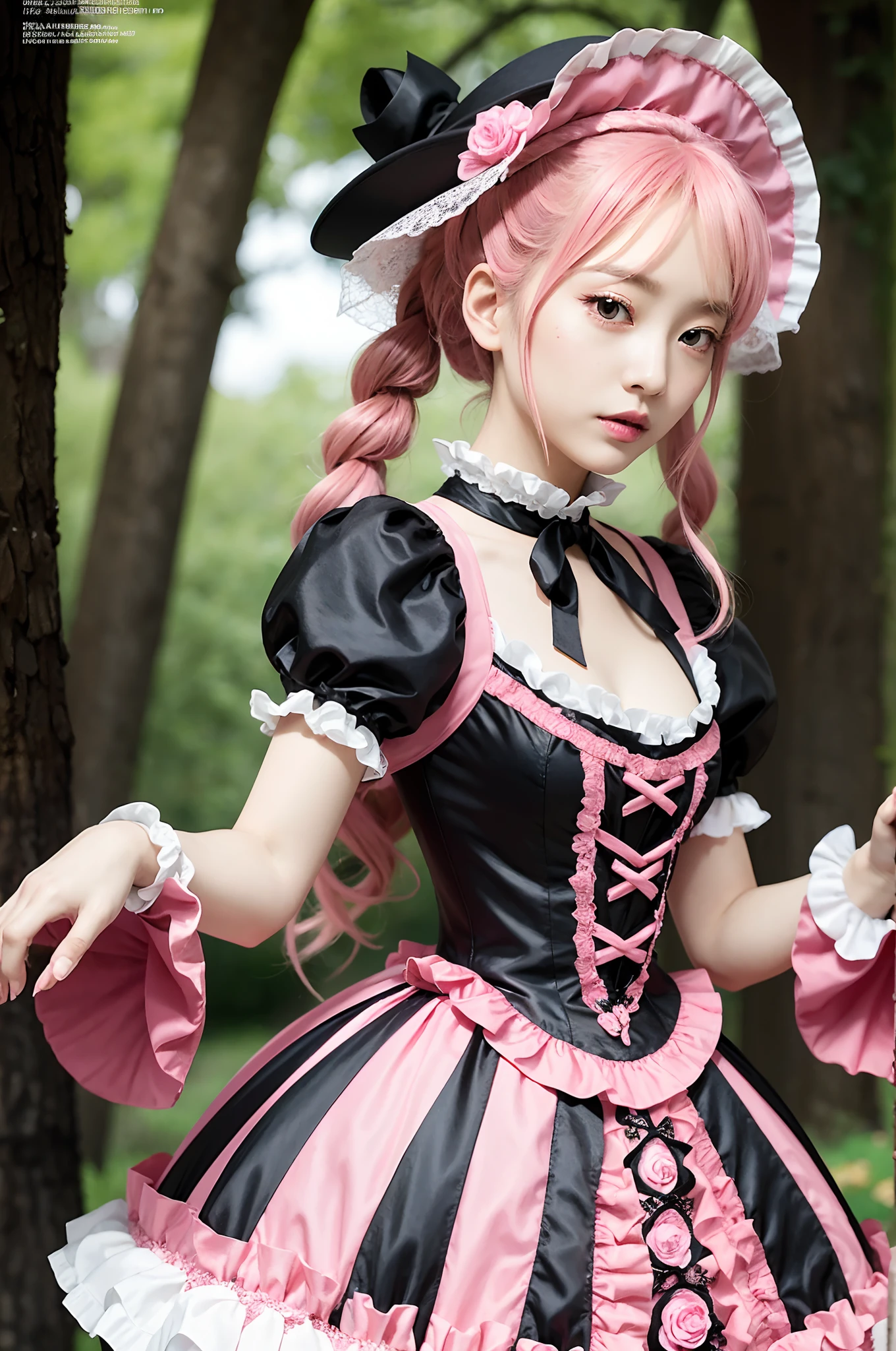 Alafe in pink and black dress and hat, Takanobu Fujiwara(Takanobu Fujiwara)Digital rendering inspired by, pixiv, rokoko, Victoria Gothic ta Fashion, Lolityle, rococo queen (rococo queen) , rococo dress, Lolita Fon, Onepiece,lingerie