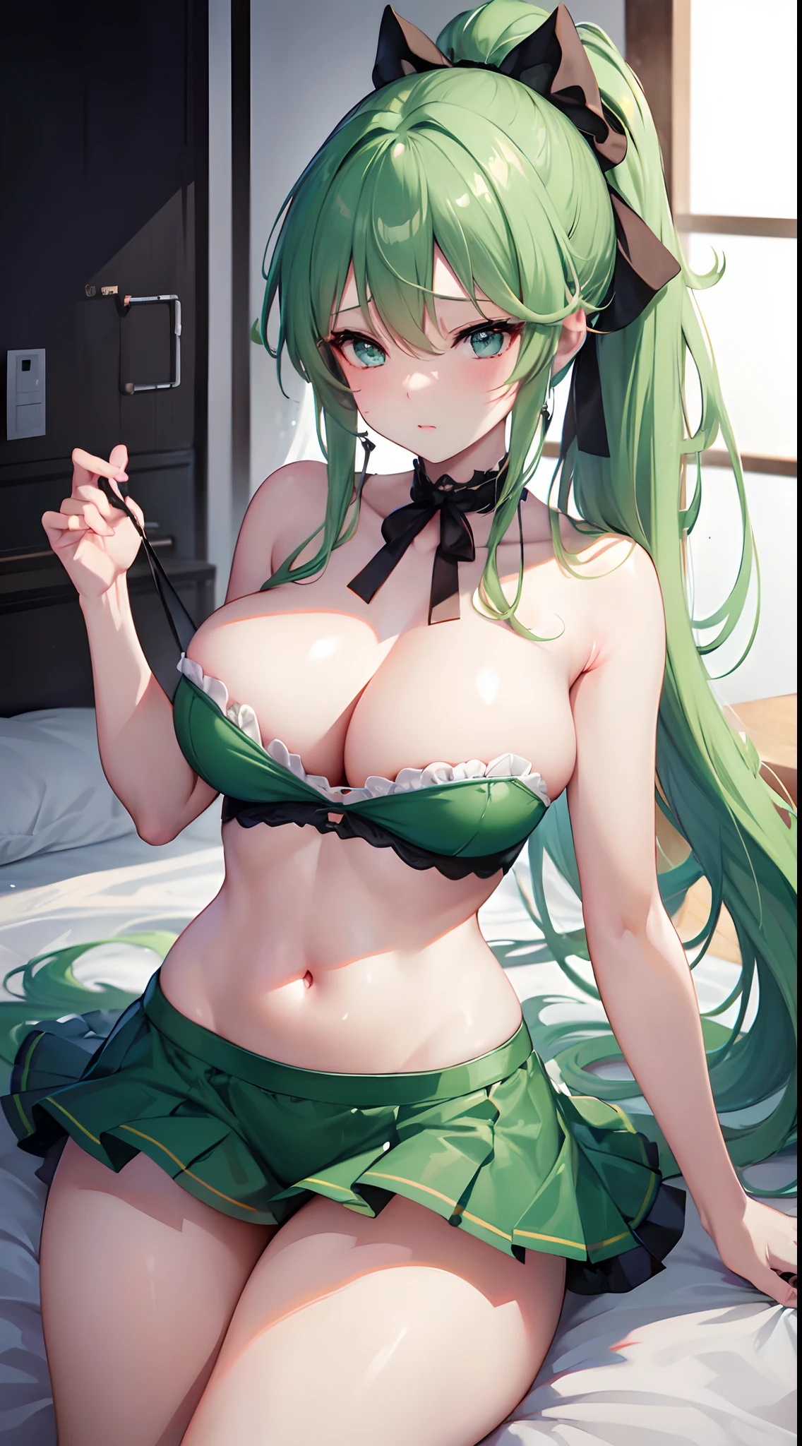 (best quality, high resolution:1.37), a girl with a short ponytail and green hair, a yellow ribbon, blue eyes, large rounded breasts, completely naked, ponytail reaching her shoulders, spreading her legs on the bed, glossy breasts and thighs, wet breasts, wet thighs, wet pussy, beautiful breasts, beautiful chubby thighs, thick thighs, slightly blushed cheeks, breast milk, sexy, cute figure, Senran Kagura style.