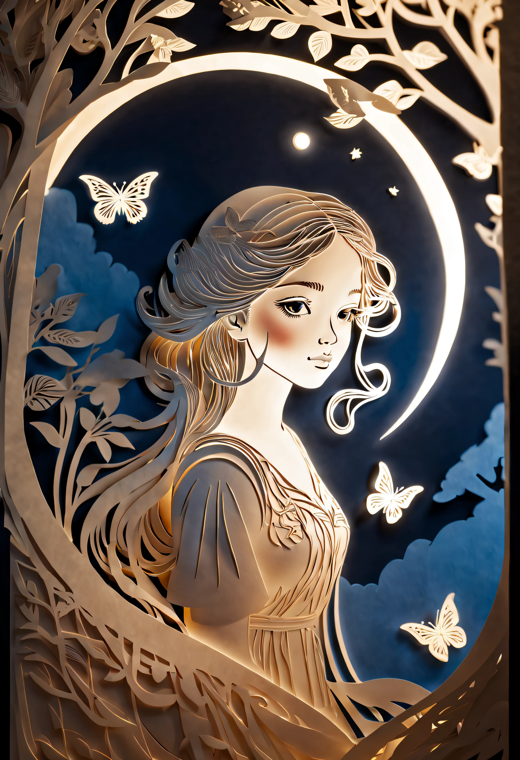 ((((Masterpiece))), Best quality, Illustrations, Beautiful details glow, Paper_cut, girl face details clear to the camera, tree, Moon, Butterfly,