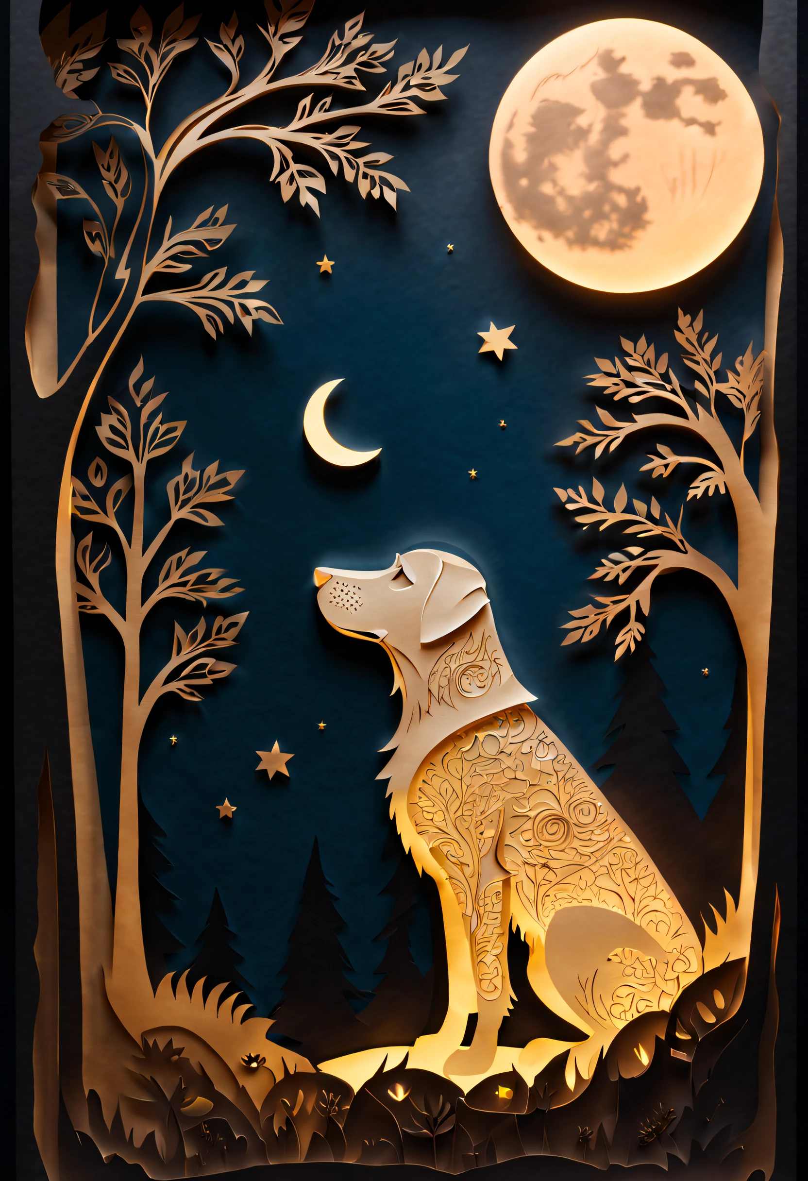 （（（tmasterpiece））），best qualtiy，illustratio，beautiful detail glow， paper_cut， doggy， The tree， themoon，