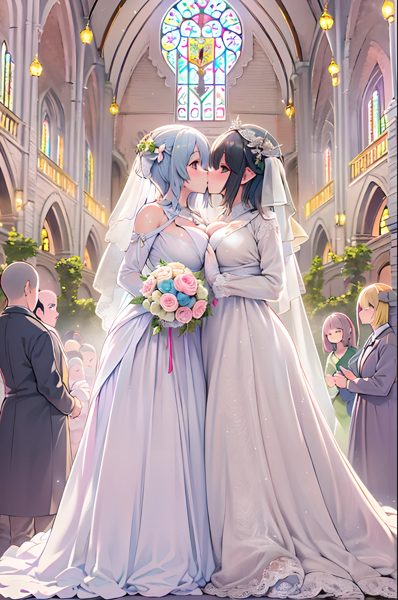 High resolution, Best Quality, masutepiece, Ultra high definition, Ultra high definition, .3D, Anime, Illustration, In a church、wedding hall、Two women in wedding dresses、2girls,girl1:bbw、adolable,Black hair,Bob-cut hair,rcasual、Kisses and hugs、stare、weddingdress、Girl 2:adolable,A pink-haired,Long grey hair,rcasual。Kisses and hugs、stare、weddingdress