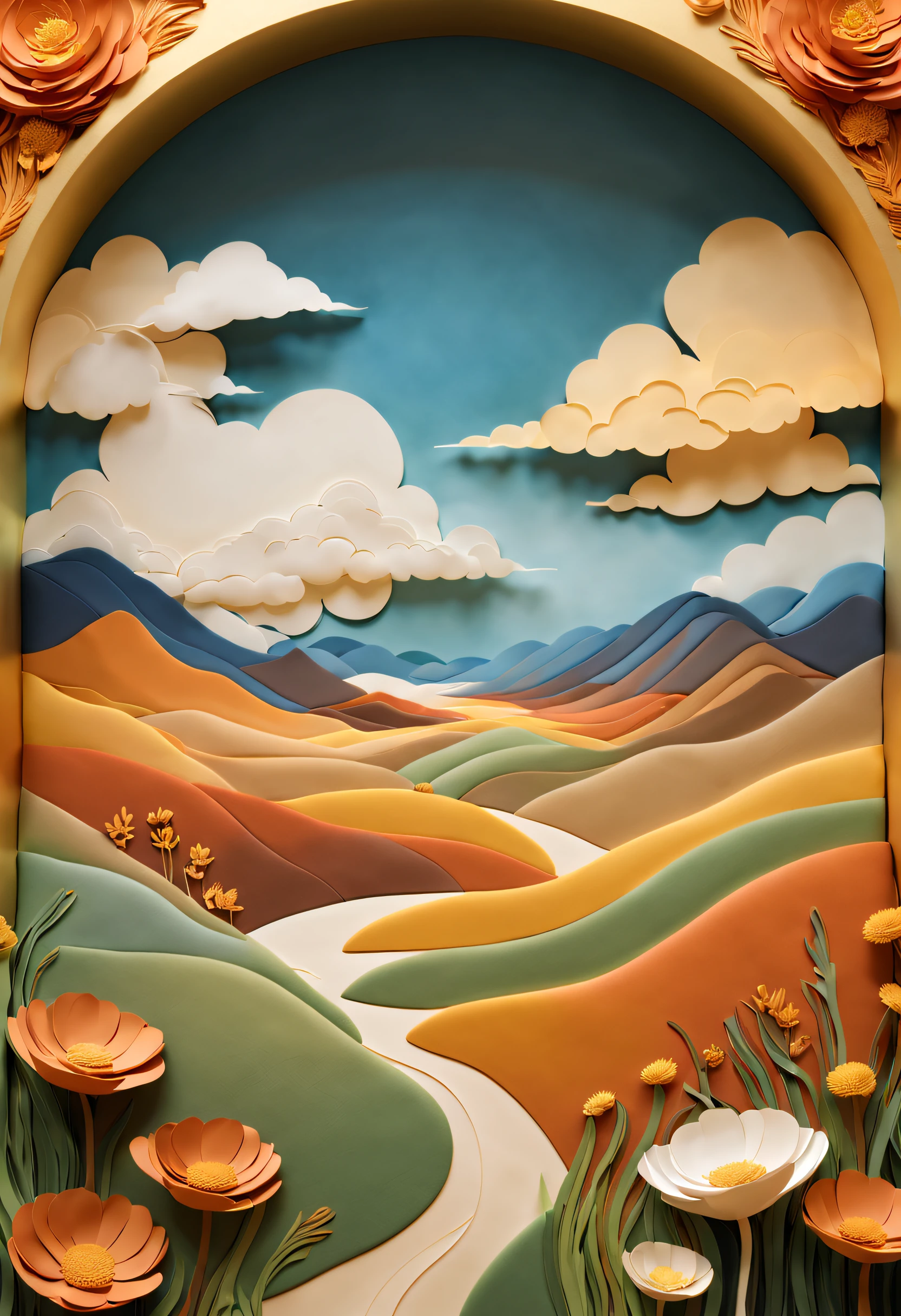 paper_cut,Natural and organic depictions of vast landscapes,Sky and steppe,Kelsang flowers,Clouds,Big wind,Features earth tones and botanical motifs,Withdraw connections to nature and the environment,Influenced by botanical illustrations or environmental art,softlighting,(warm color:1.15),best quality exquisite details,3D rendering of