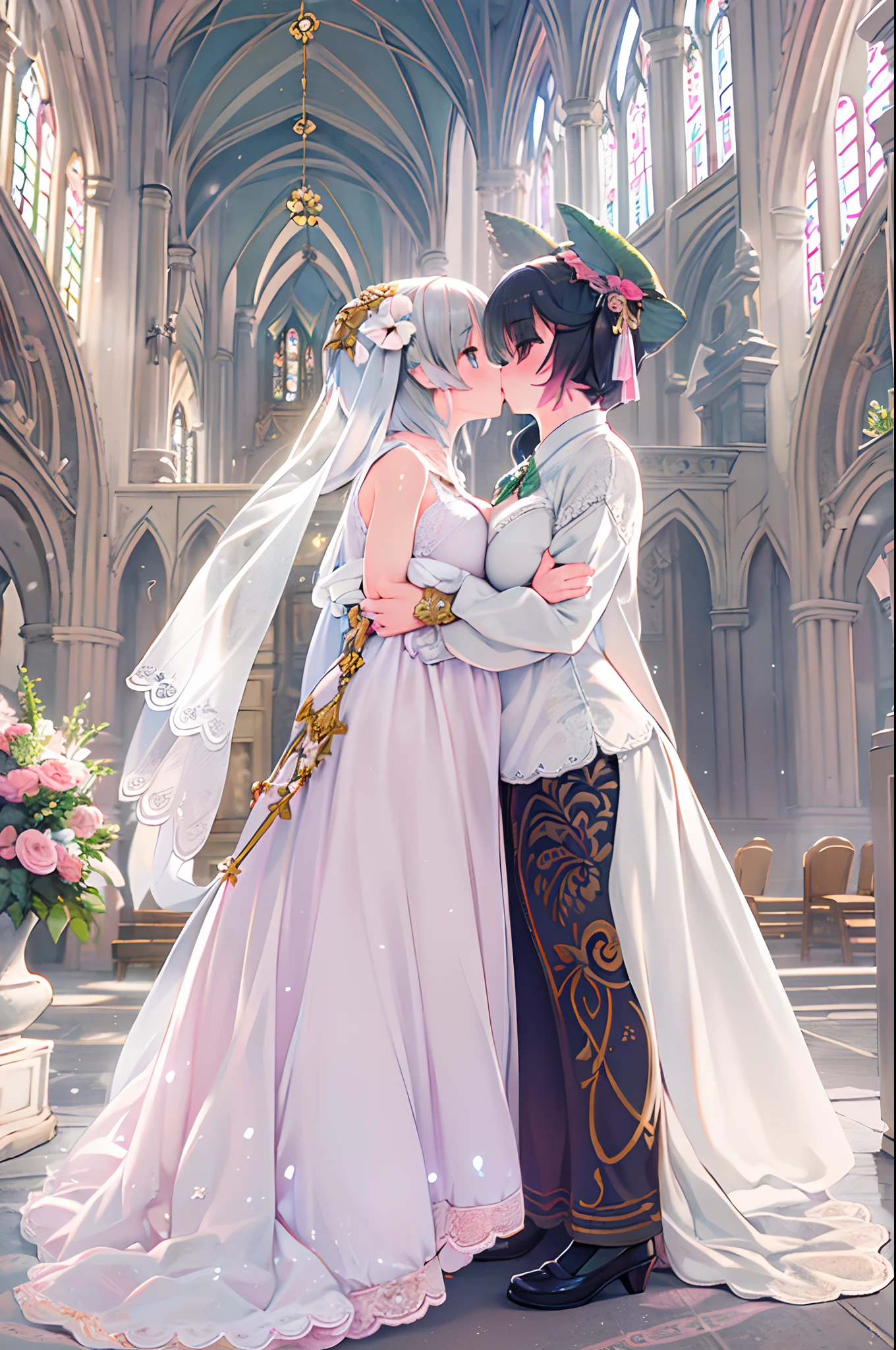 High resolution, Best Quality, masutepiece, Ultra high definition, Ultra high definition, .3D, Anime, Illustration, In a church、wedding hall、Two women in wedding dresses、2girls，girl1：bbw、adolable，Black hair，Bob-cut hair，rcasual、Kisses and hugs、stare、weddingdress、Girl 2：adolable，A pink-haired，Long grey hair，rcasual。Kisses and hugs、stare、weddingdress