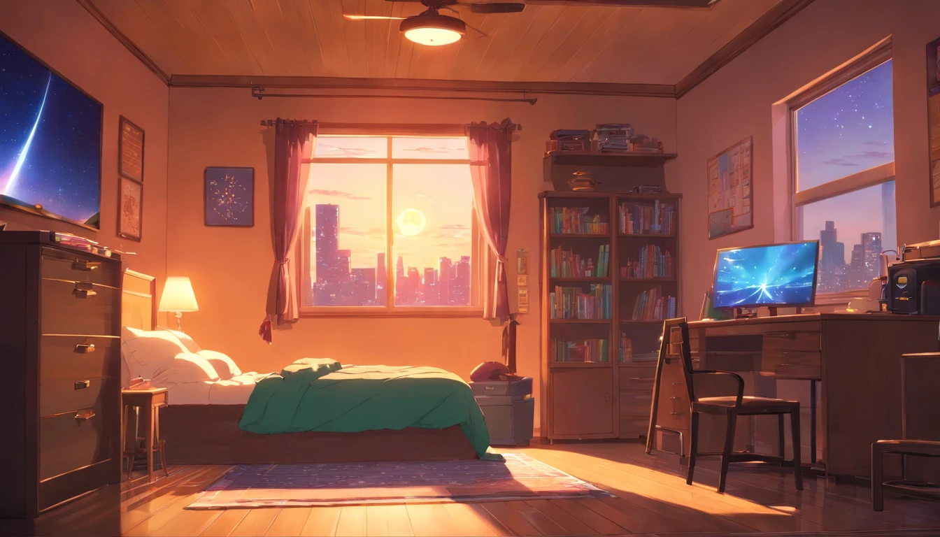 3d animation cinematic still of a cozy room, big windows with city view at night, stars on the sky, crested moon, melancholic, sad vibes, bed is unmade, computer desk, cluttered with the mismatched furniture, The otaku style posters on the walls and the guitar in the corner, vaporwave