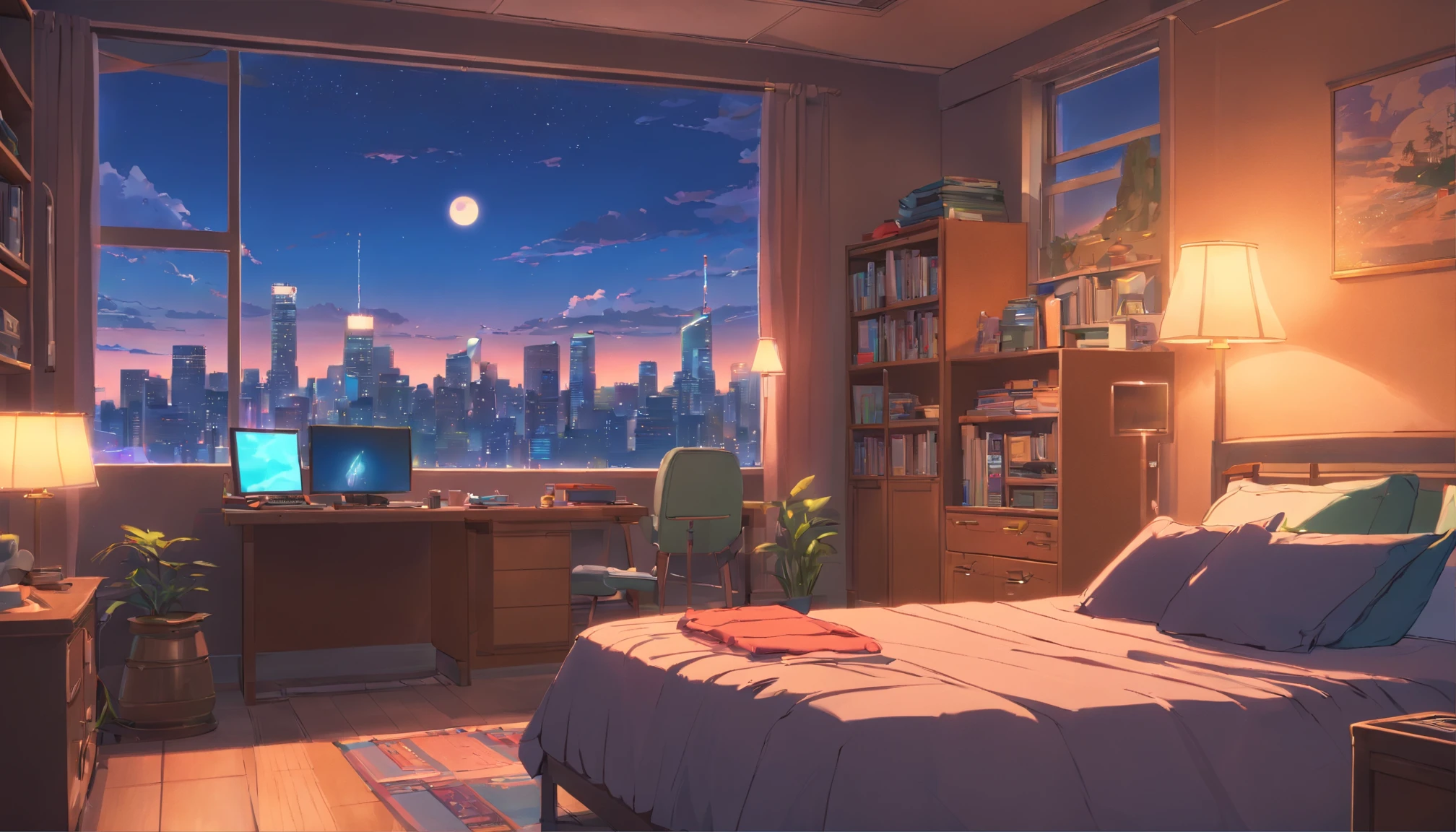 3d animation cinematic still of a cozy room, big windows with city view at night, crested moon, melancholic, sad vibes, bed is unmade, computer desk, cluttered with the mismatched furniture, The otaku style posters on the walls and the guitar in the corner,in style of Pixar, Disney, vaporwave