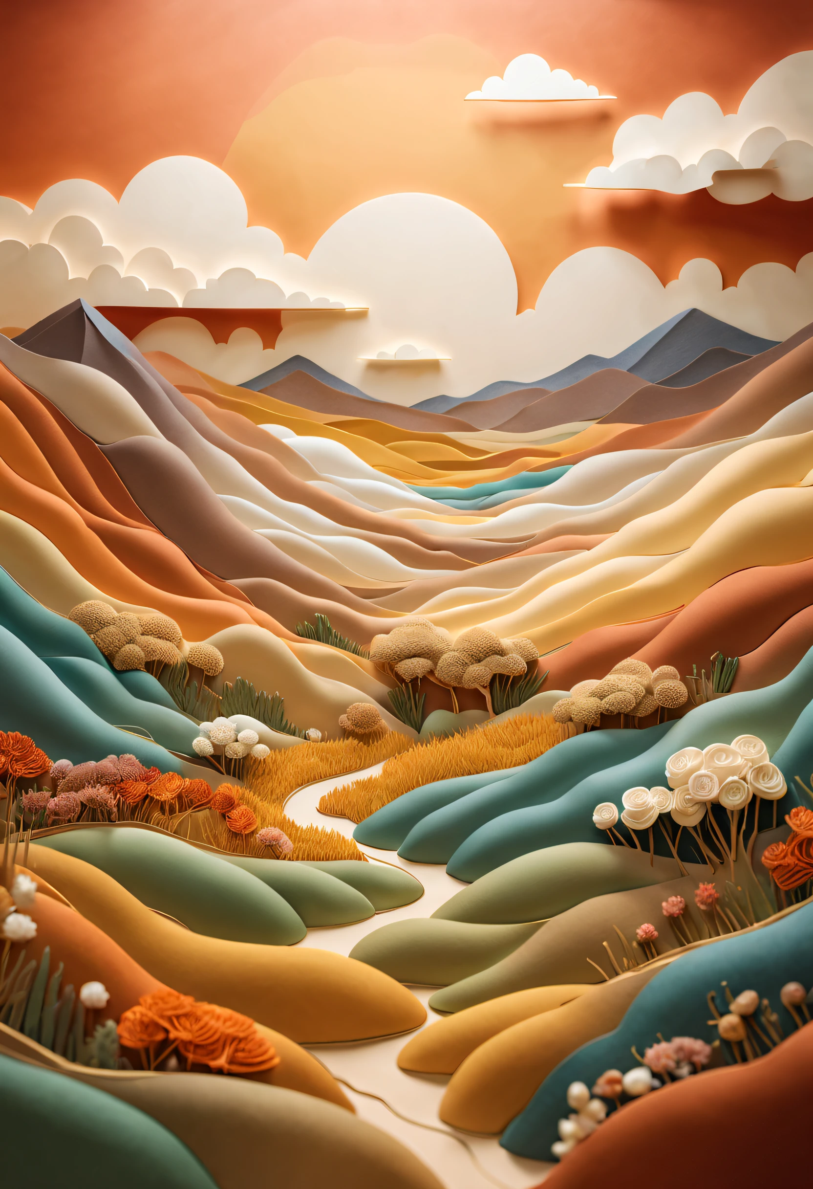 paper_cut,Natural and organic depictions of vast landscapes,Sky and steppe,Kelsang flowers,Clouds,Big wind,Features earth tones and botanical motifs,Withdraw connections to nature and the environment,Influenced by botanical illustrations or environmental art,softlighting,(warm color:1.15),best quality exquisite details,3D rendering of