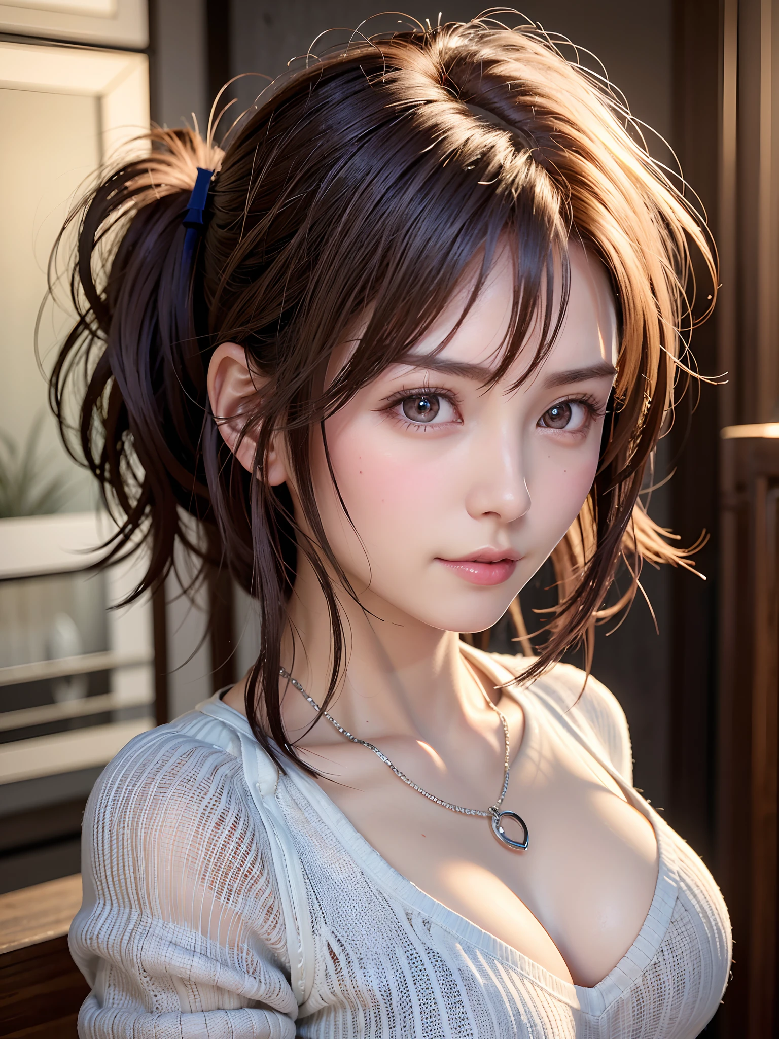 (in 8K, top-quality, masterpiece:1.2), (realisitic, Photorealsitic:1.37), ultra-detailliert, Natural sunlight, mideum breasts, I can see the cleavage, 1 persons, 25 year old woman, Pendants, Torn shorts, Light Knit V-Neck Shirt, At the time of performance, extremely detailed face and skin, A detailed eye, extremely detailed face and skin