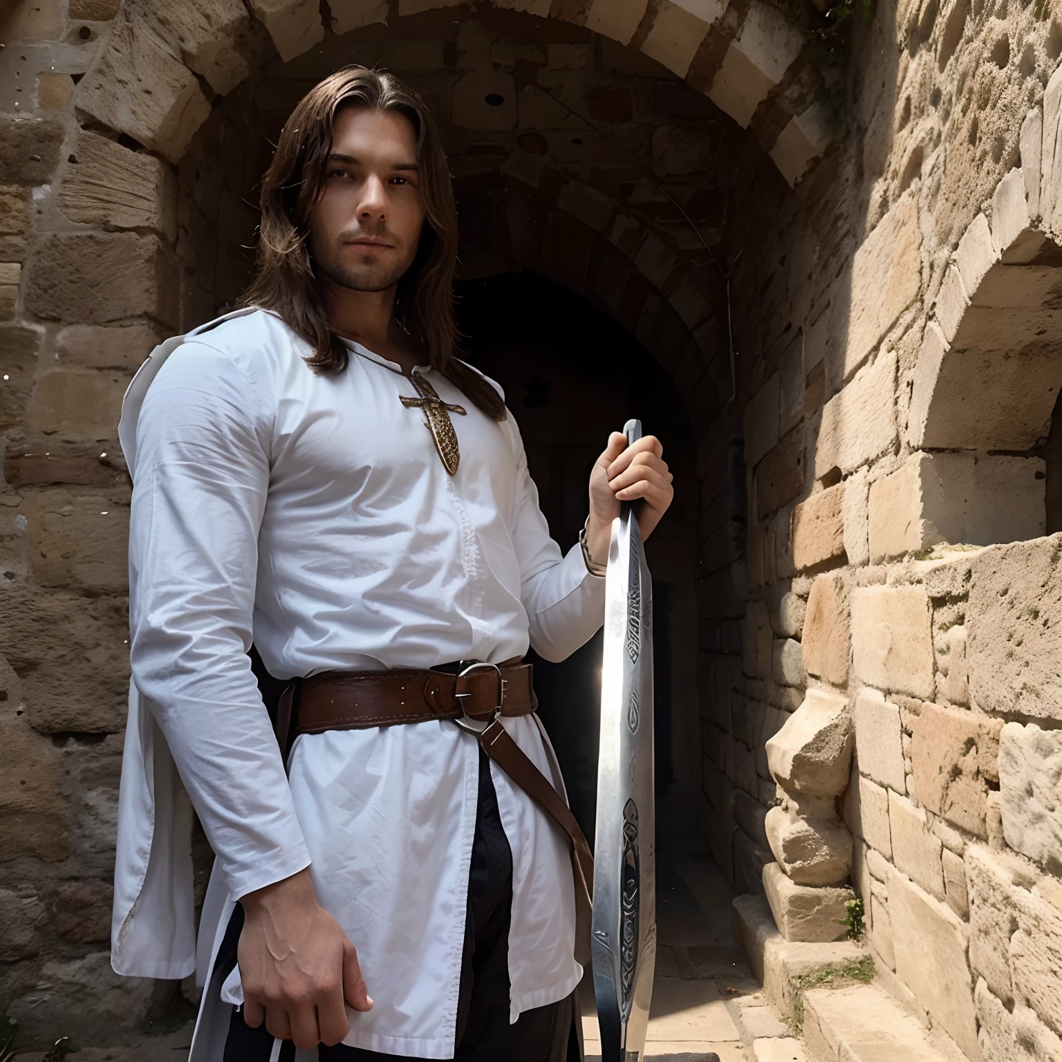 Homem de 20 anoscom cabelo branco carregando uma espada medieval, perto de um castelo