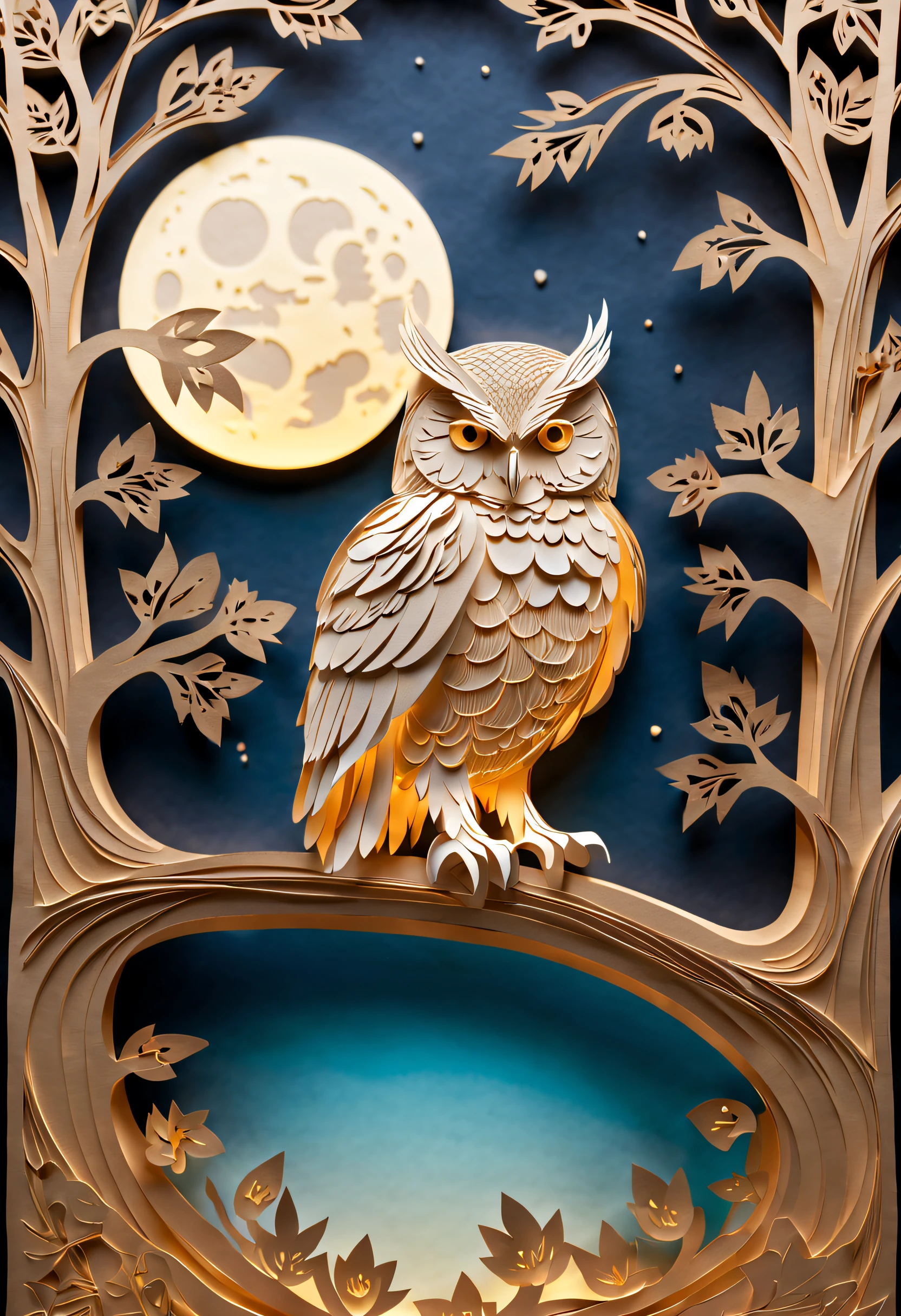 ((((Masterpiece))), best quality, illustrations, beautiful details glowing with paper_cut, owl, tree, moon,