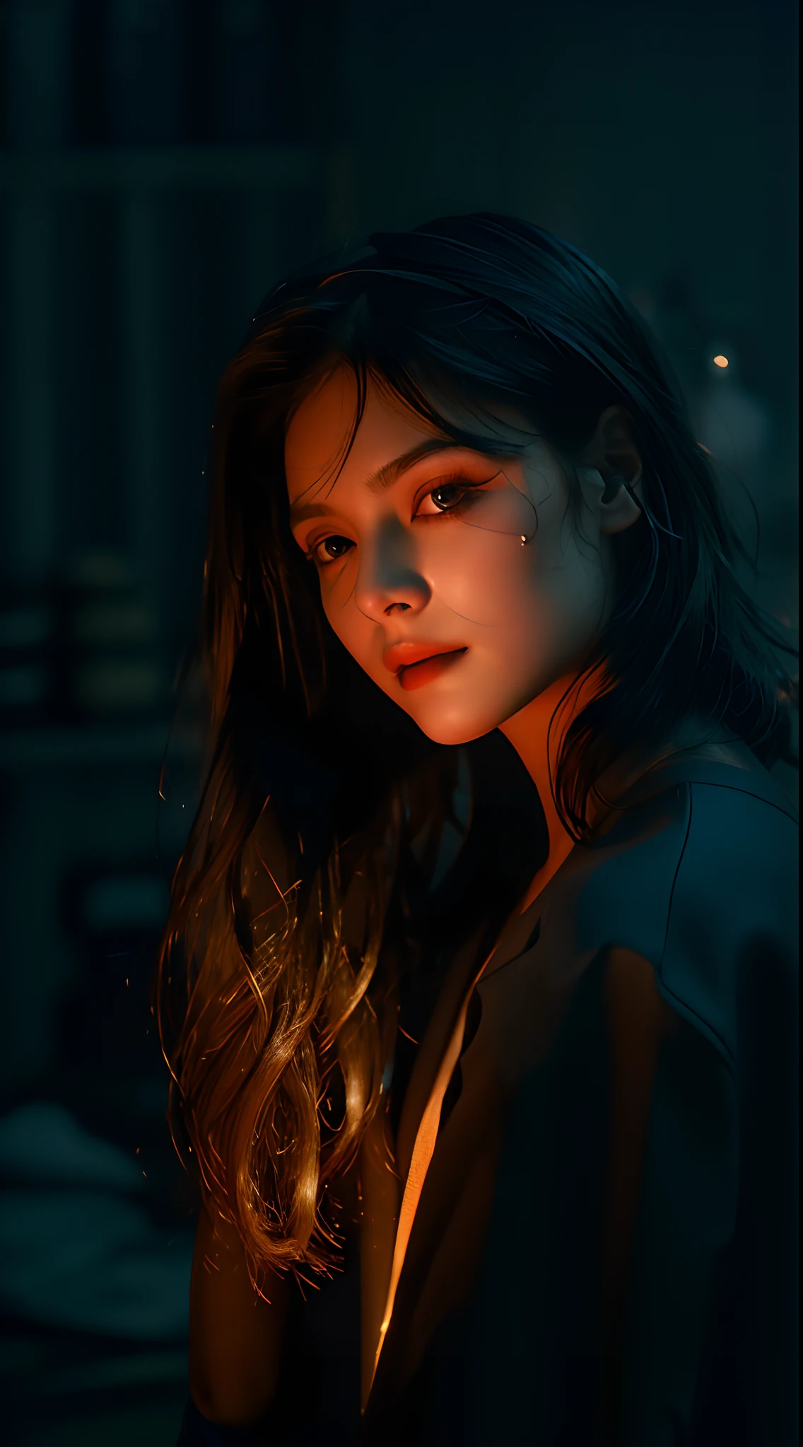 (Raw photography、Top image quality)、(realisitic、Photorealsitic:1.2)、1girl in、hightquality、(High Detail Skin:1.4)、Puffy eyes、Gorgeous hair、(darkened room:1.3)、(Rim lighting:1.3)、(Dim lighting:1.3)、(a dark night:1.3)、Indoors、portlate、A dark-haired、dark backgrounds、shorth hair、Hatching Cap