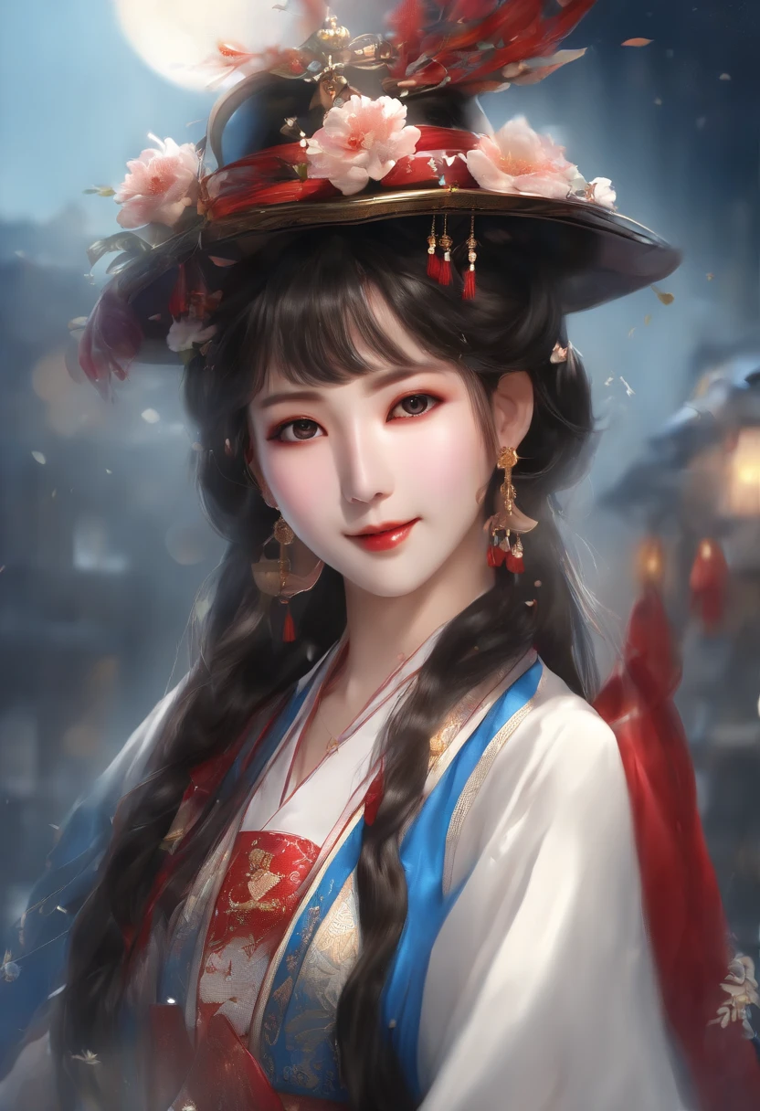 ​masterpiece、top-quality、(pureerosface:2.0)、(1人の女性)、19 year old sexy Korean 1 girl、A dark-haired、parted hair、Straight short hair、Medium size breasts、(large hat:1.2)、shrine maiden clothe、the witch、female mage、Hair fluttering in the wind、(No paint on the face:1.1)、(Blue around the eyes:1.2)、a smile、Left and right symmetrical eyes、jpn、(Kagura dance:1.4)