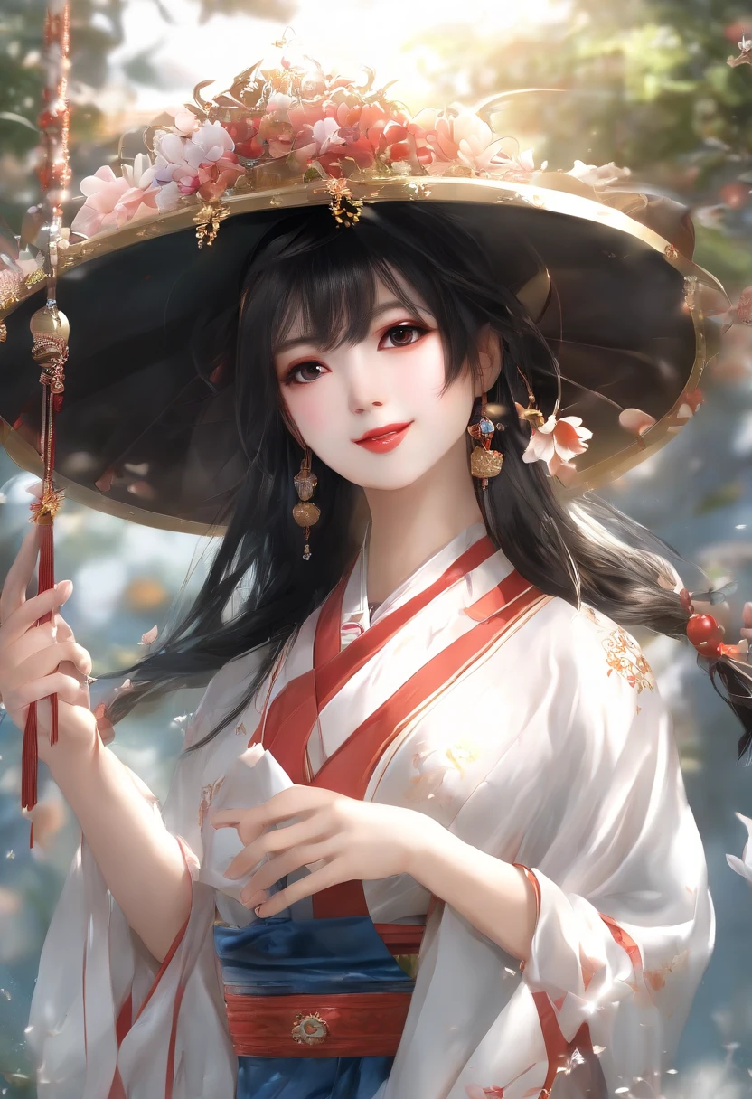 masterpiece、top-quality、(pureerosface:2.0)、(1人の女性)、19 year old sexy Korean 1 girl、A dark-haired、parted hair、Straight short hair、Medium size breasts、(large hat:1.2)、shrine maiden clothe、the witch、female mage、Hair fluttering in the wind、(No paint on the face:1.1)、(Blue around the eyes:1.2)、a smile、Left and right symmetrical eyes、jpn、(Kagura dance:1.4)