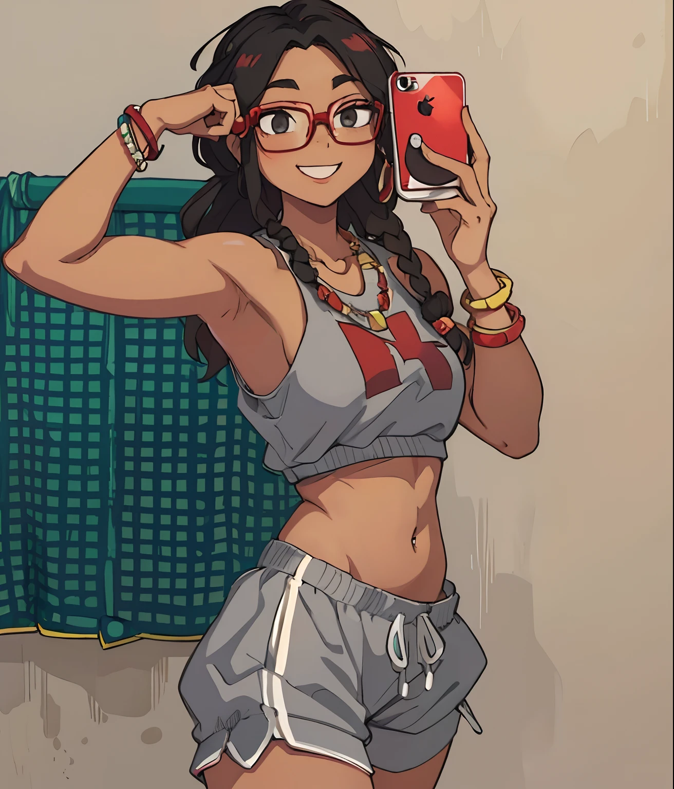 Black girl with glasses taking a mirror picture with a red iphone 11 while flexing, white background, miriko from my hero academia, cartoon art, smiling, dreadlocks, wrist bracelets, belly piercing, workout shorts, necklaces