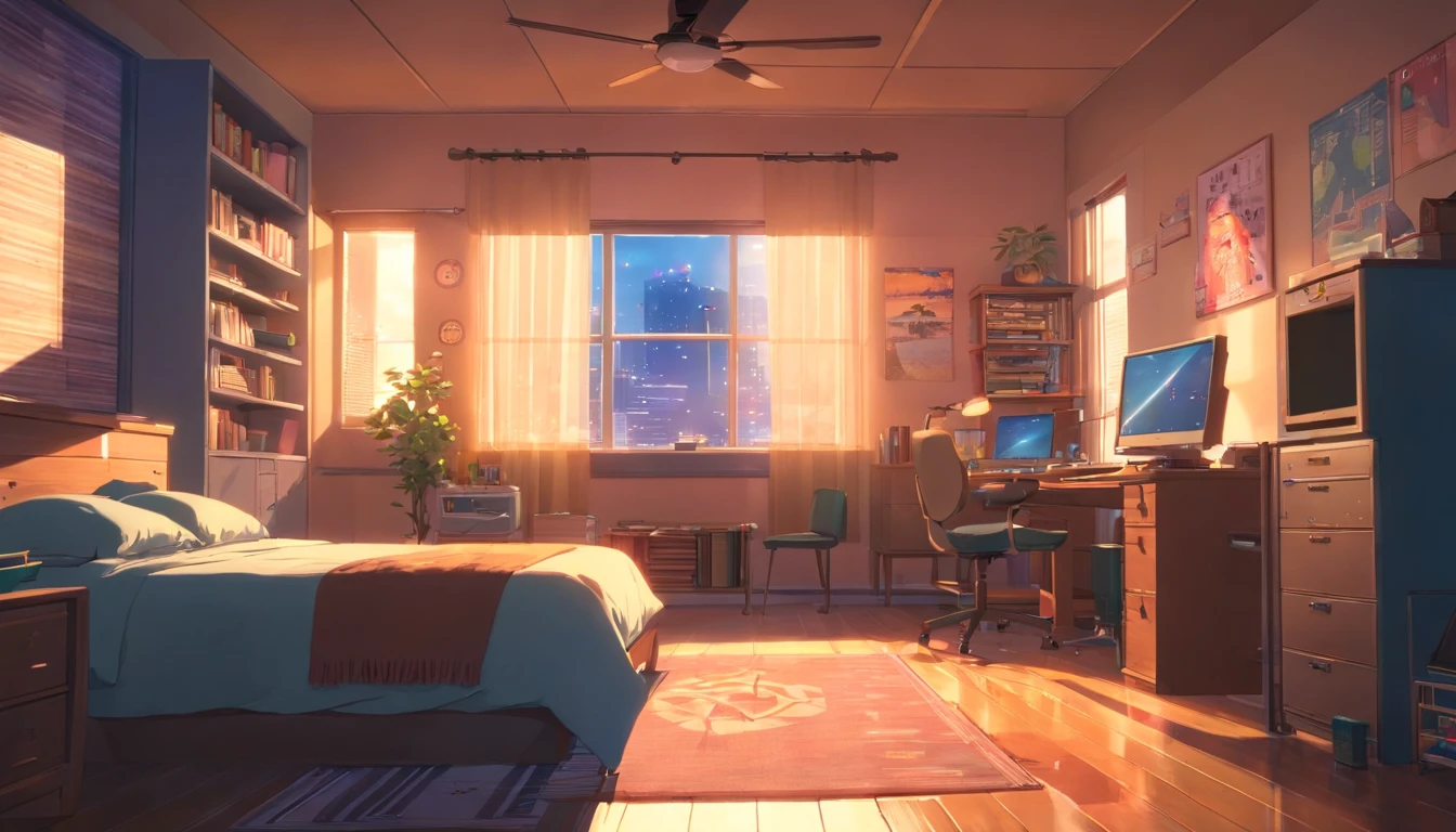 3d animation cinematic still of a cozy room, big windows with city view at night, crested moon, melancholic, sad vibes, bed is unmade, computer desk, cluttered with the mismatched furniture, The otaku style posters on the walls and the guitar in the corner,in style of Pixar, Disney, vaporwave