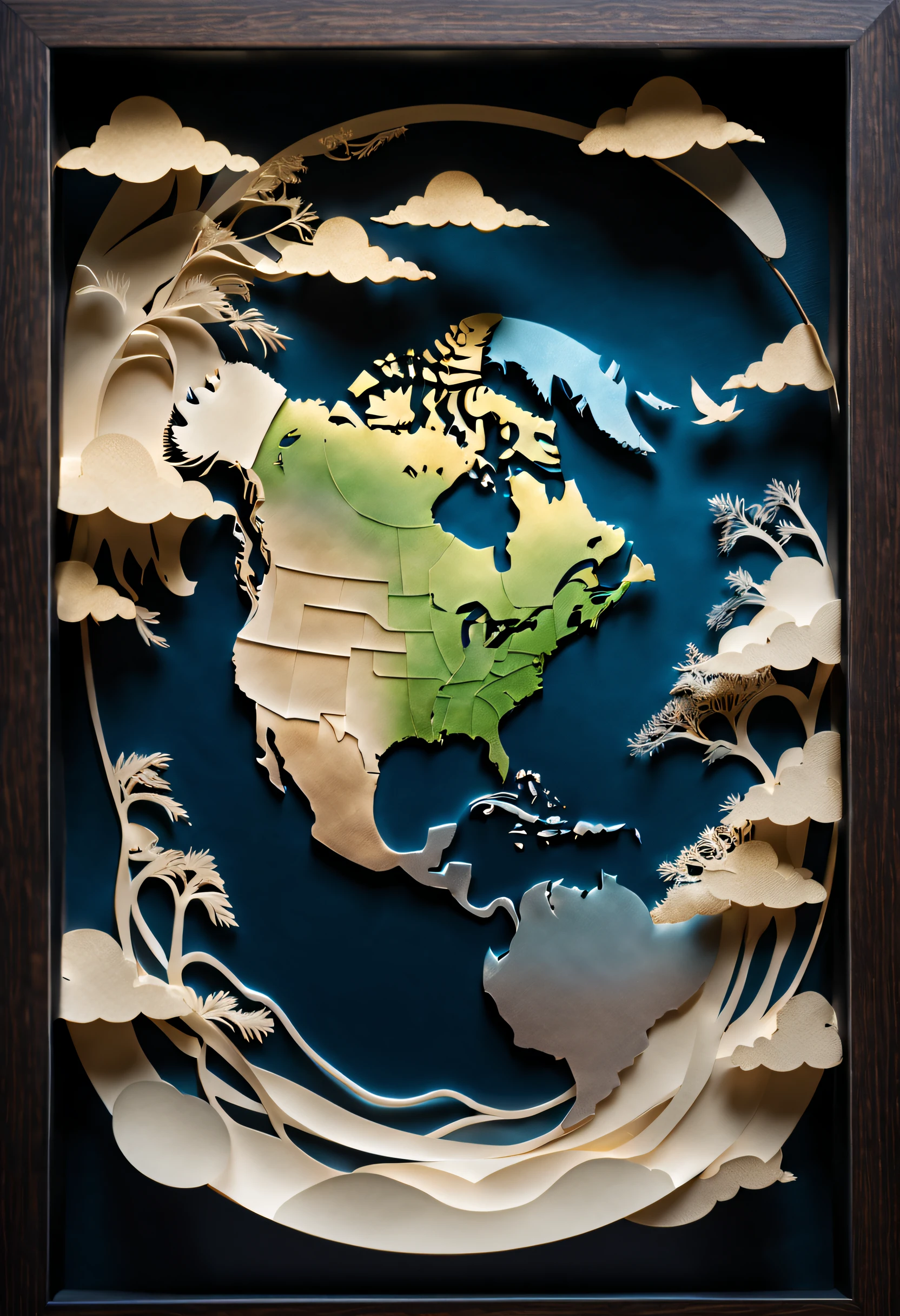 paper_cut,Masterpiece, Best quality, RAW photo,earth view from space, (highdetailskin:1.2), 8K UHD, Digital SLR, Soft lighting, High quality, filmgrain, Fujifilm XT3, Regal, fractalized, 3d depth, intricatedesign, delicate patterns, shadowbox frame, Silhouette, kirigami, contours, jianzhi,