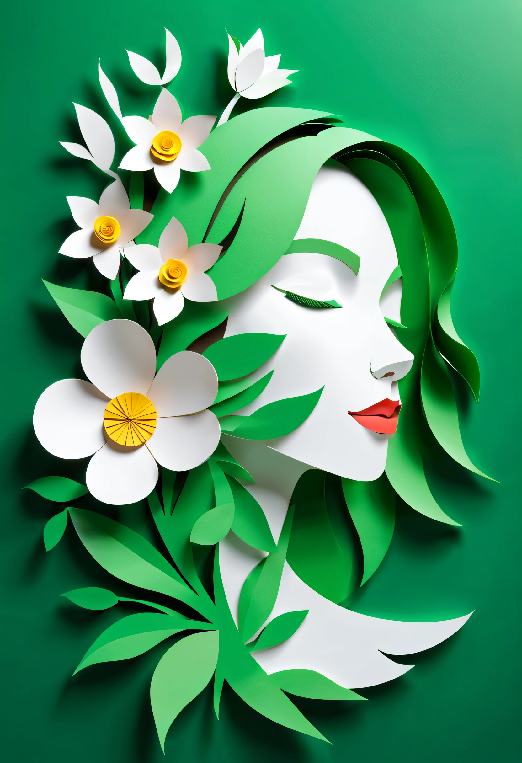 paper_cut,(illustration: 1.3), paper art, 3D rendering of, Green background, (Beautiful side face, Closed eyes: 1.3), (flor branca: 1.2), Colorful, Best quality, Detailed details, Masterpiece, offcial art, movie light effect, 4K, Chiaroscuro, Flash
