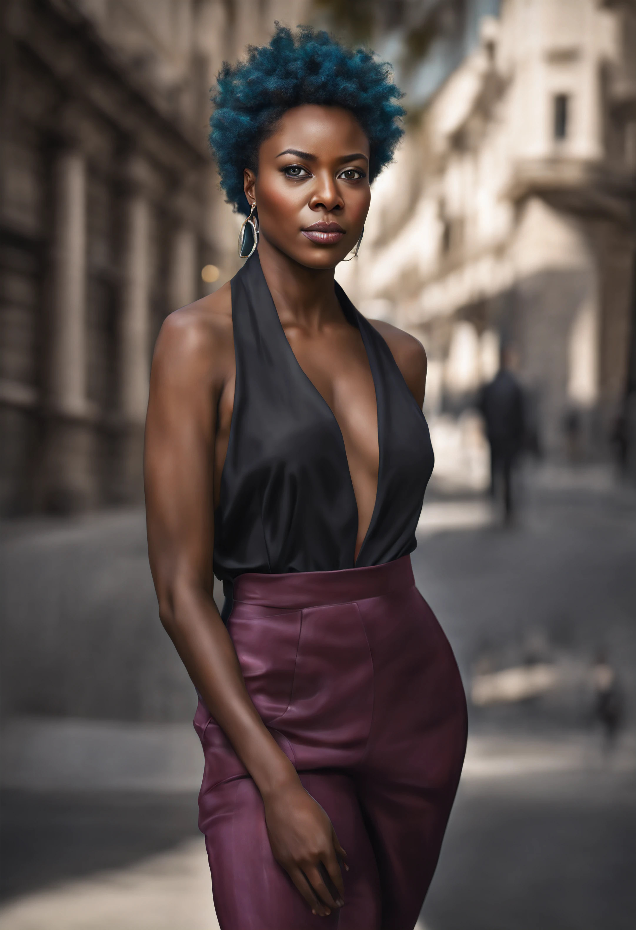(1Woman 30 years old), pelo negro azulado con mechas moradas, En pie, (fotorrealista:1.4), (Calidad de imagen superior:1.0), (超A high resolution:1.0), 8k, Raw photography, (obra maestra), Antecedentes con; ((First thing in the morning))
