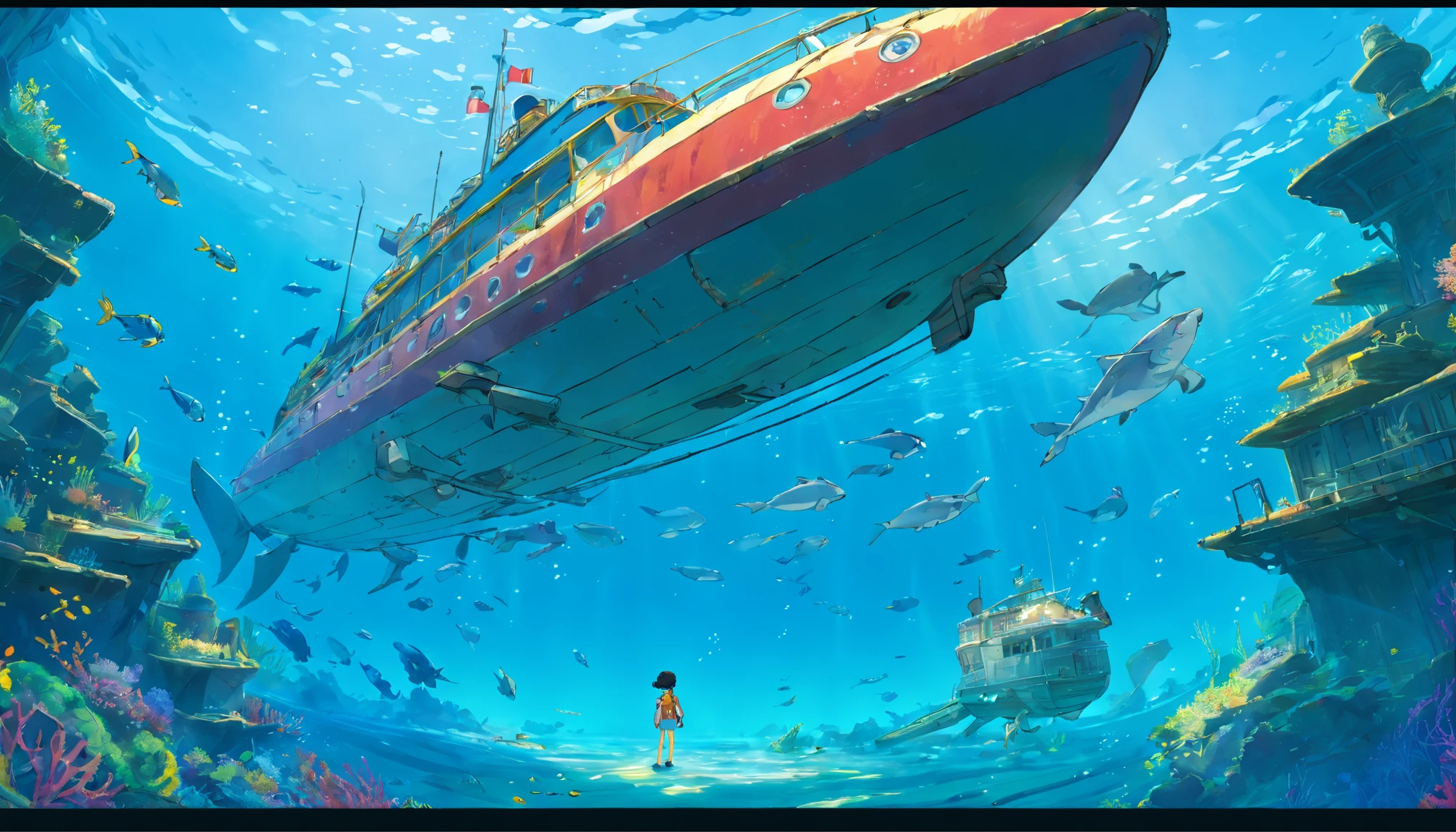 (A high resolution:1.2,hyper HD,Underwater),Amy Ross,Scuba diving,shipwreck,Clear water,the reef,Fish swimming,suns rays,Deep-sea exploration,Adventure,Explore the unknown,Diving equipment,scuba mask,Fin limbs,Wetsuit,Underwater world,Marine life,diver,Depth,underwater photography,Colorful,Remote location,Adventure sports,Shipwreck exploration,Rich biodiversity,Vivid colors,Detailed textures,water Reflections,Sunlight penetrates water,A journey of discovery,depth perception,A thrilling experience