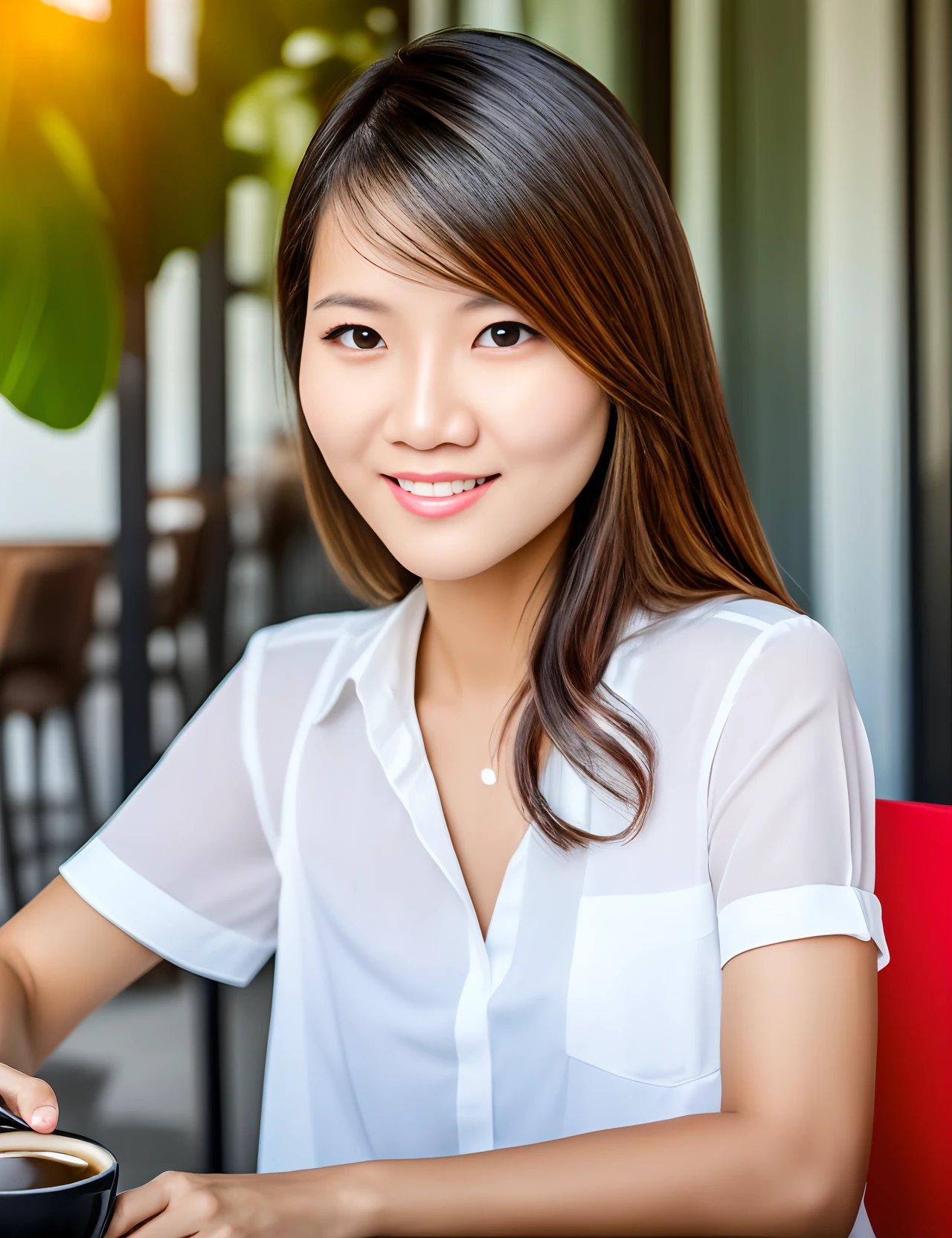 Thai office lady, 30 years old, Fair-skinned, Drink coffee alone.,Women,(look away.),red face,(Sit in an outdoor café), (Wear casual clothing.), beste-Qualit, ultra-high resolution, (Realistic), (Face and eye details)