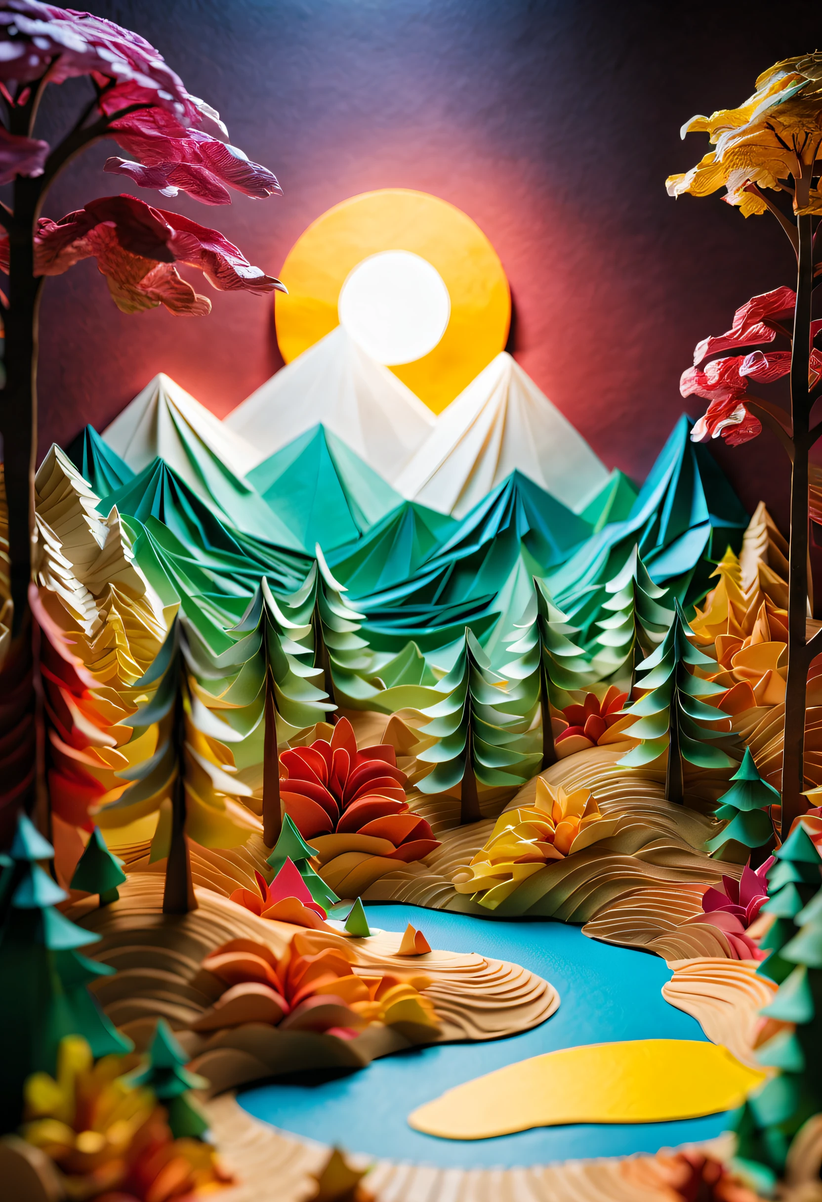 sandbox：1.4），Movie Angle，（suns，baiyun，mountain ranges，ln the forest，rios），（paper art，Quilted paper art，geomerty），（plethora of colors，Best quality，high detal，tmasterpiece，Cinematic lighting effects，4K，Chiaroscuro）