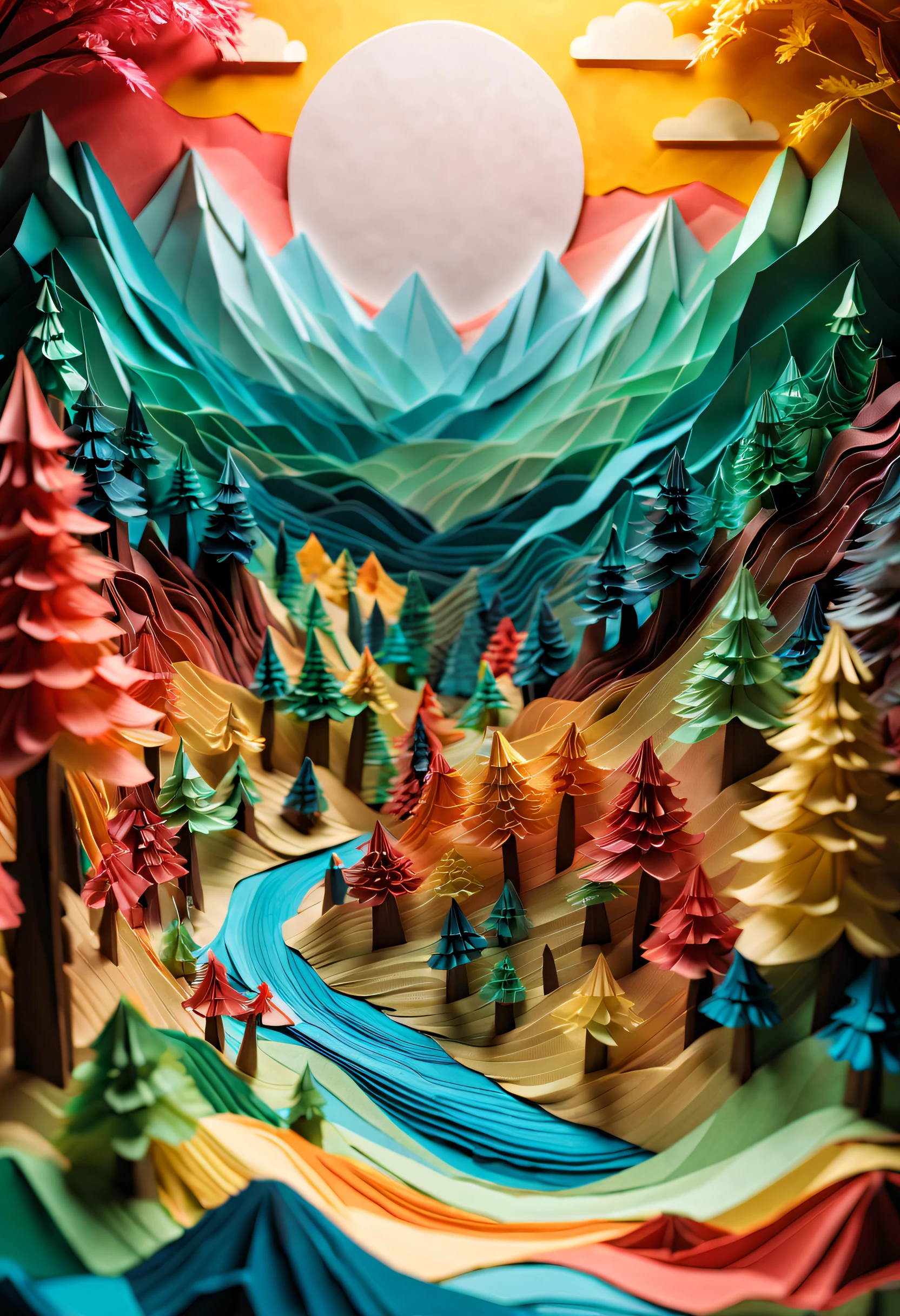 sandbox:1.4),Movie Angle,(suns,baiyun,mountain ranges,ln the forest,rios),(paper art,Quilted paper art,geomerty),(plethora of colors,Best quality,high detal,tmasterpiece,Cinematic lighting effects,4K,Chiaroscuro)
