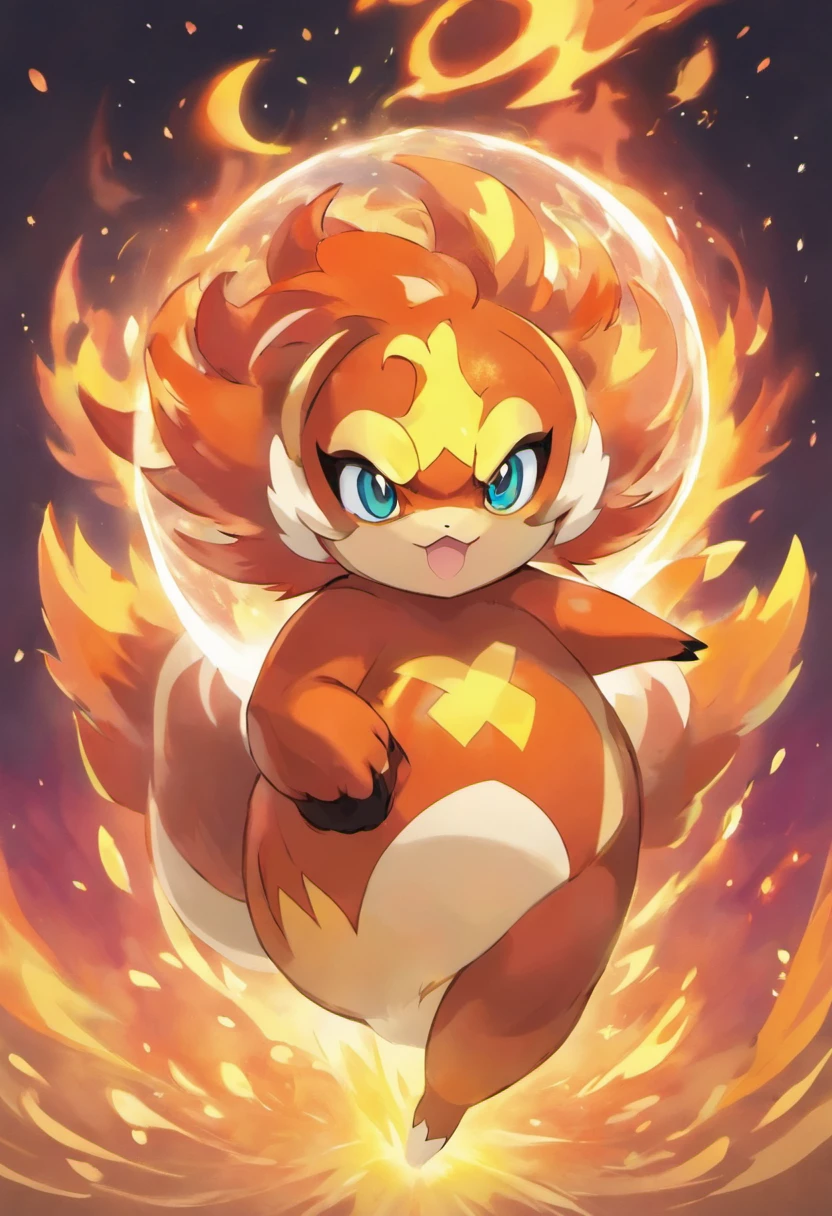 Garoto de 15 anos com cabelo branco e olhos vermelhos, portando uma pokebola, com um infernape do seu lado