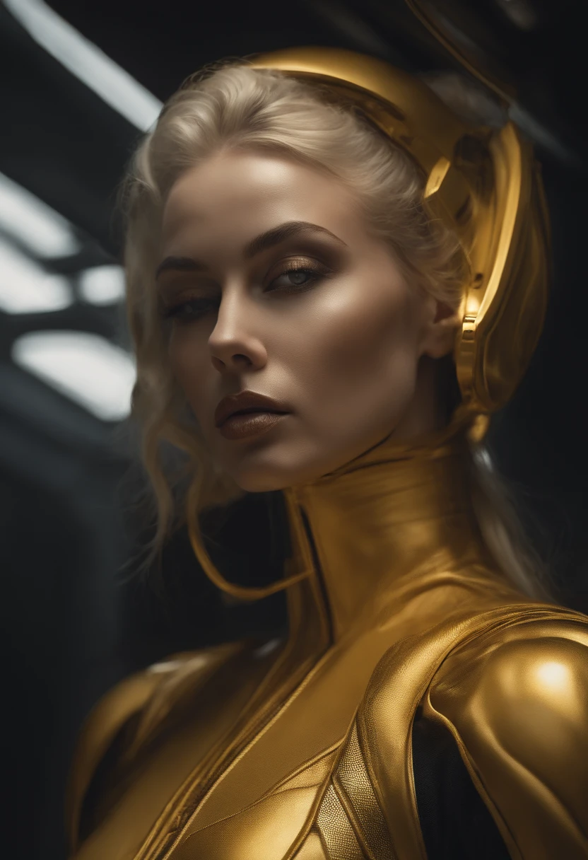 Fashion photo of a beautiful woman super blonde model in cybernetic suit, "yellow lips" e preto, alta moda, perfect composition, bonito, detalhado, intrincado, Intricate octane render trend in Artstation, 8 k artistic photography, arte conceitual fotorrealista, soft natural volumetric cinematic perfect light, Chiaroscuro, Fotografia premiada, master part, oil on the canvas, Raphael, Caravaggio, Greg Rutkowski, bipe, Beksinski, Giger, Sf, obra-prima de arte intrincada, agourento, cartaz de filme de pintura fosca, proportion Aurea, trending in cgsociety, intrincado, epics, trending on ArtStation, por artgerm, h. r. Giger e Beksinski, altamente detalhado, vibrante, production cinematic character render, ultra high quality model