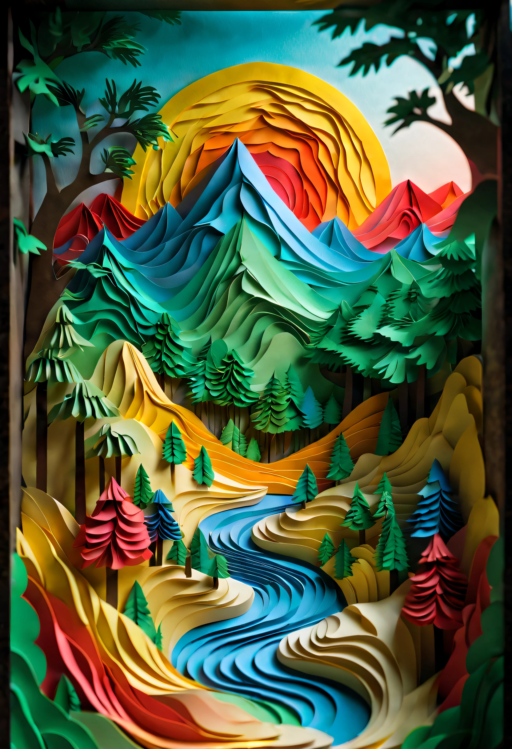 Paper_cut， paper art,sandbox：1.4，Movie Angle，（suns，baiyun，mountain ranges，ln the forest，rios），（paper art，Quilted paper art，geomerty），（plethora of colors，Best quality，high detal，tmasterpiece，Cinematic lighting effects，4K，Chiaroscuro）
