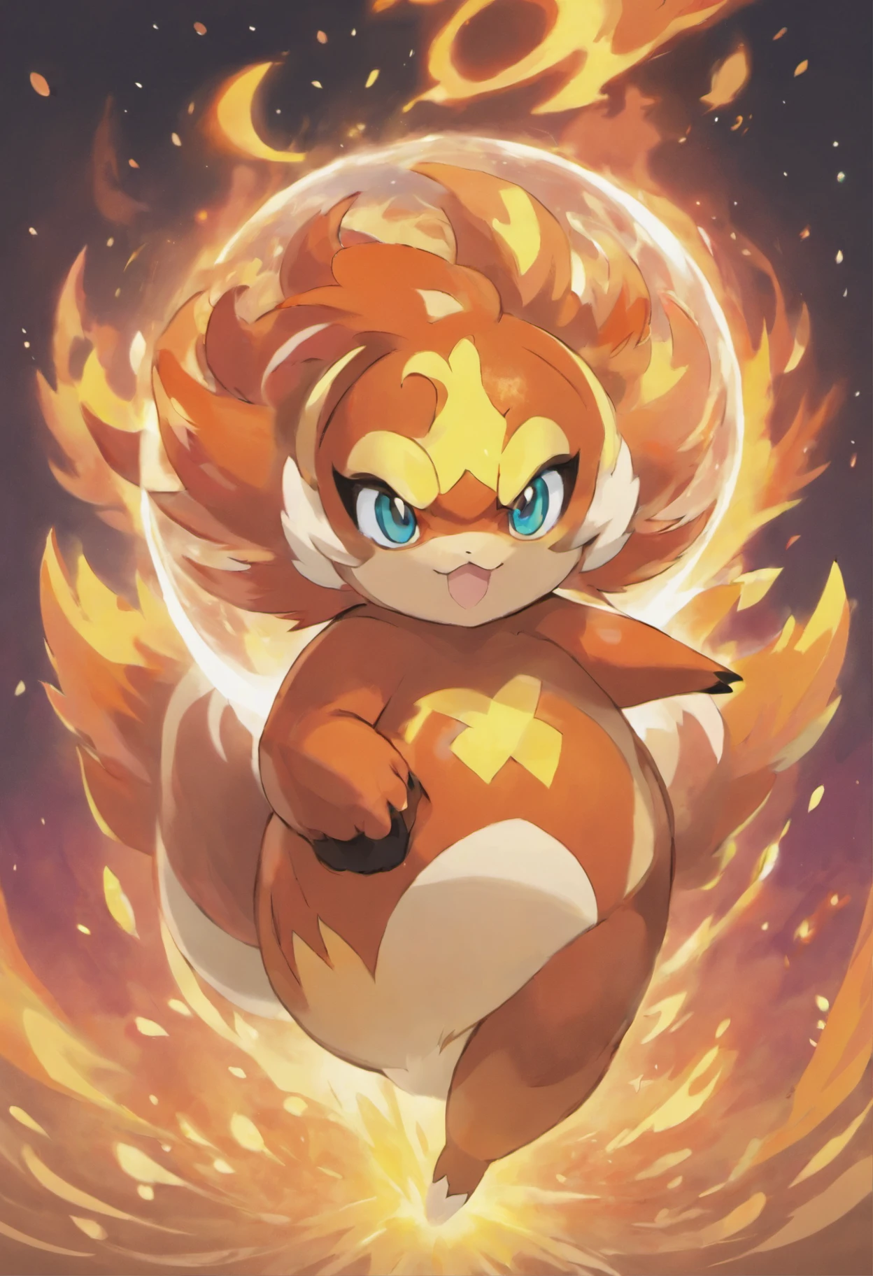 Garoto de 15 anos com cabelo branco e olhos vermelhos, portando uma pokebola, com um infernape do seu lado