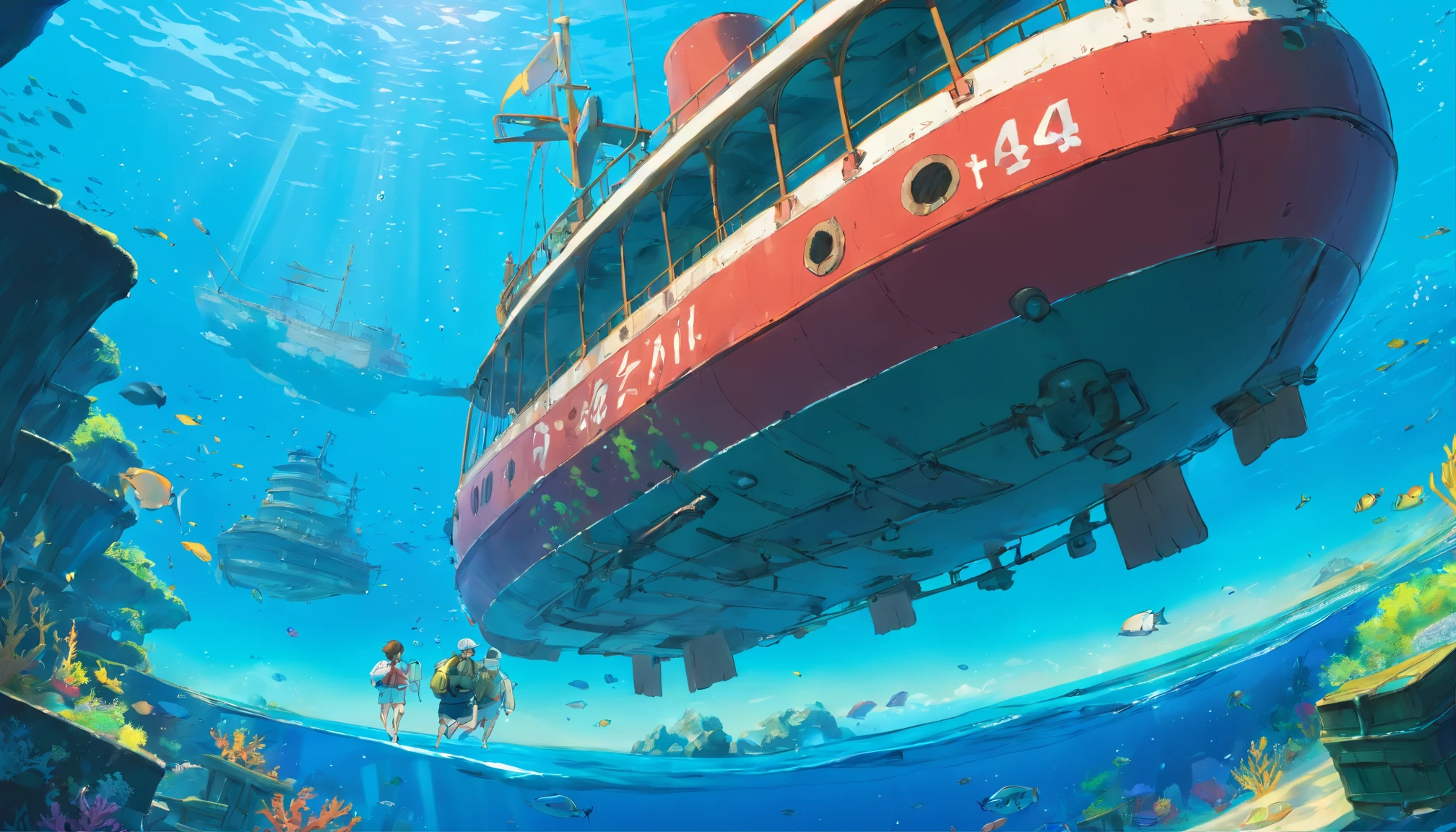 (A high resolution:1.2,hyper HD,Underwater),Amy Ross,Scuba diving,shipwreck,Clear water,the reef,Fish swimming,suns rays,Deep-sea exploration,Adventure,Explore the unknown,Diving equipment,scuba mask,Fin limbs,Wetsuit,Underwater world,Marine life,diver,Depth,underwater photography,Colorful,Remote location,Adventure sports,Shipwreck exploration,Rich biodiversity,Vivid colors,Detailed textures,water Reflections,Sunlight penetrates water,A journey of discovery,depth perception,A thrilling experience