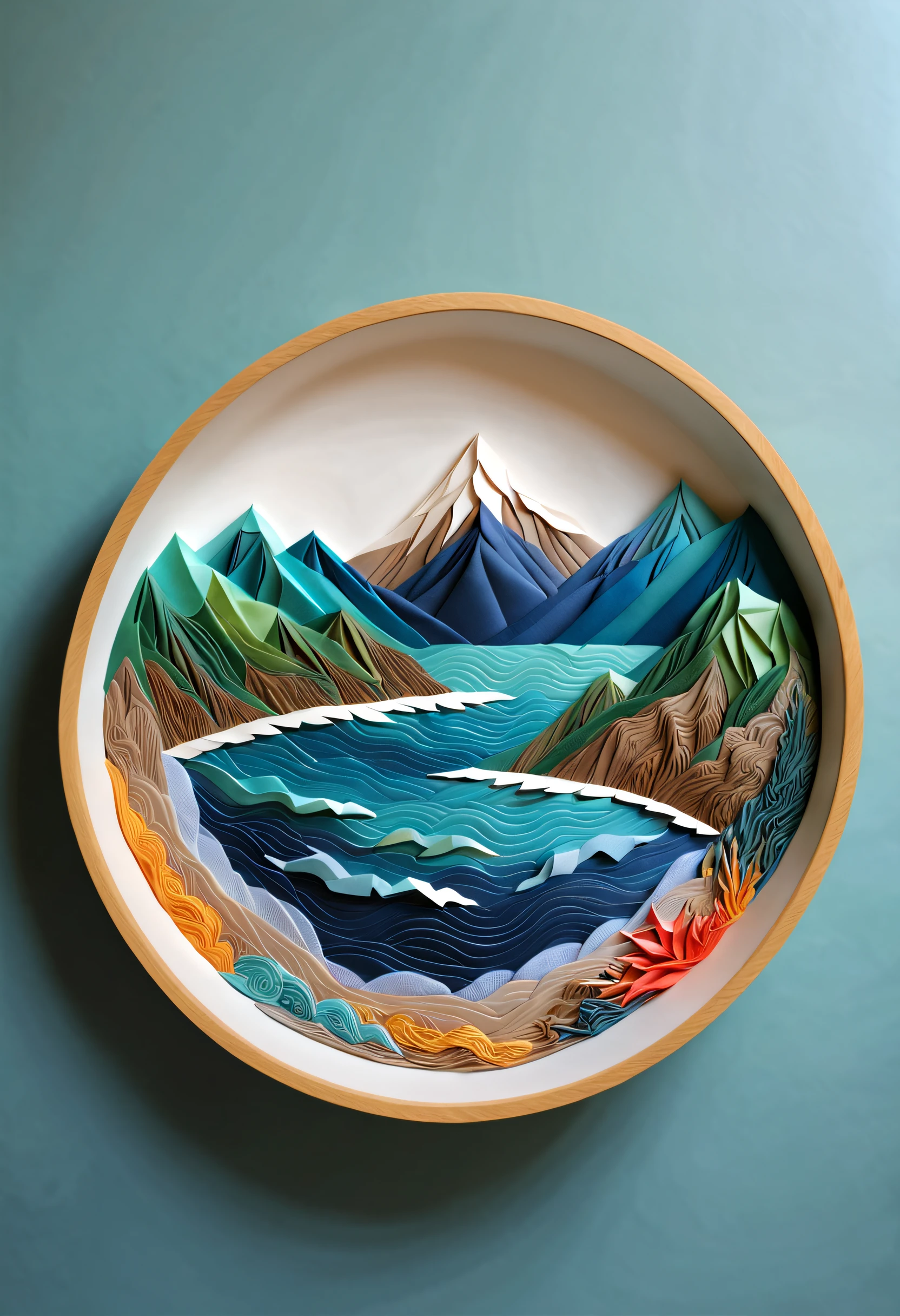 Paper_cut,(paper art,Quilted paper art,geomerty),There are mountains and sea in the bowl,National tide mountain and sea painting style,best qualtiy,realisticlying,realisticlying,super-fine,highly elaborate carvings on ,best qualtiy,
