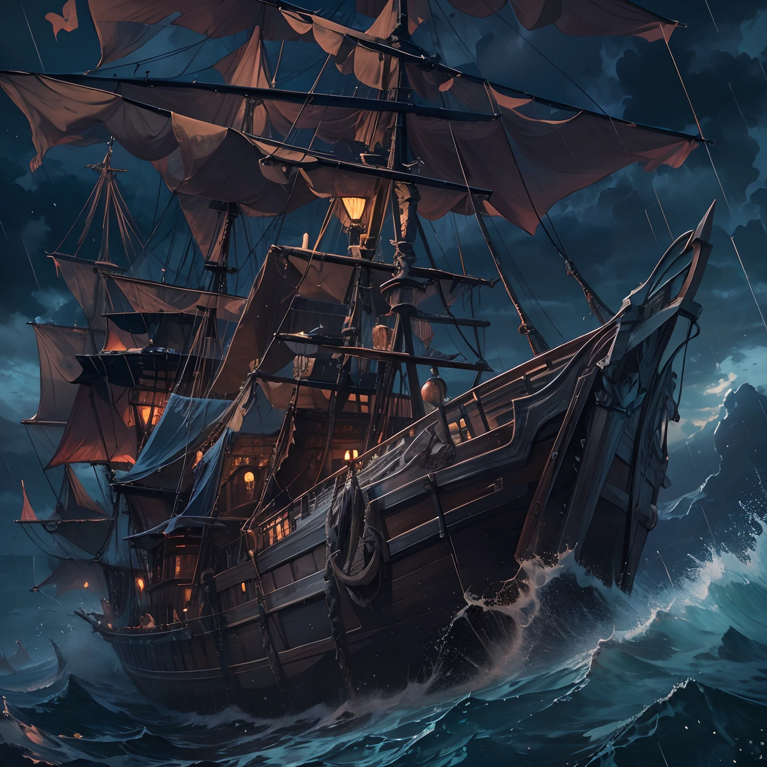 Masterpiece, Highest quality)), Detailed face, , full bodyesbian, Full of details water, 4k, sea, coral, storm, large waves, boat, pirate ship, night, dark, rain, stor