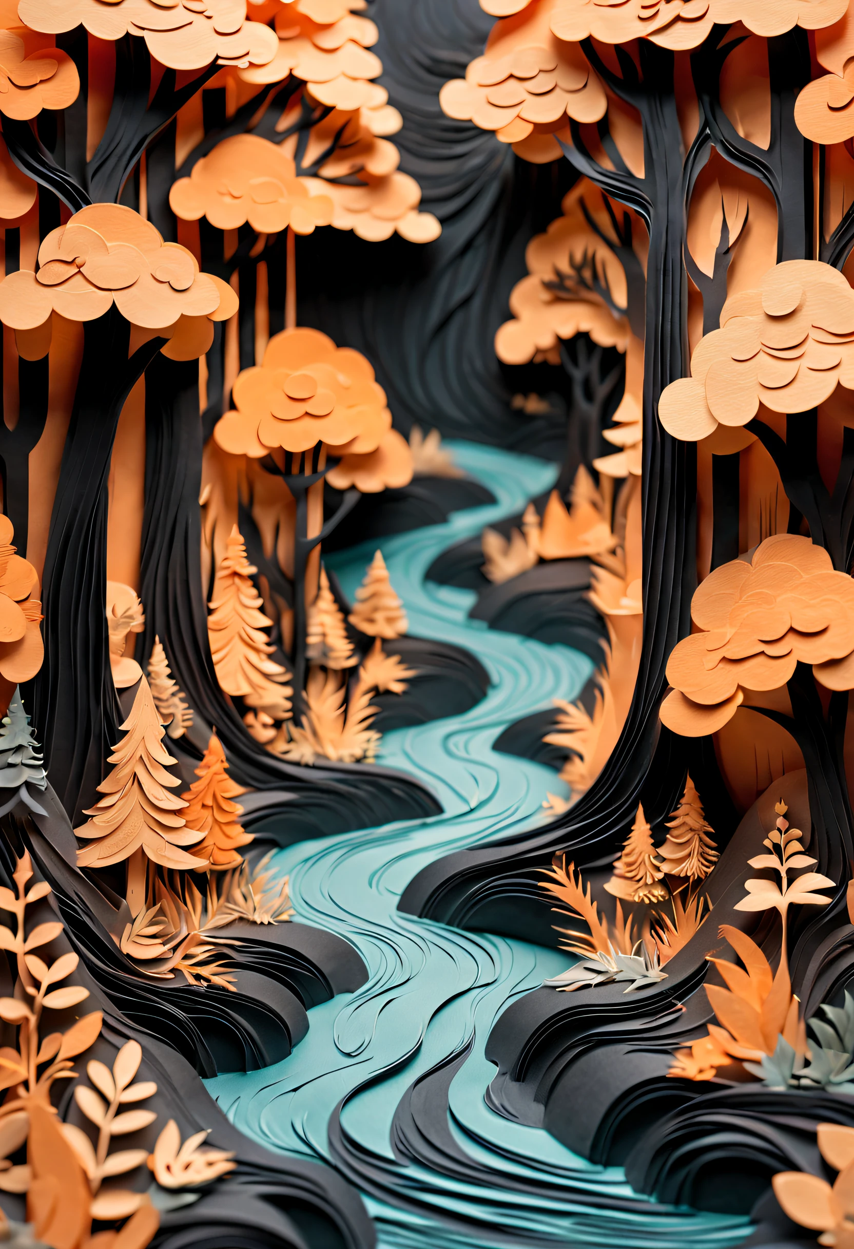 Intricate illustrations in paper art style，There is a river running through the forest, Features a dreamy pastel palette of orange and black.best qualtiy，realisticlying，realisticlying，super-fine，highly elaborate carvings on ,