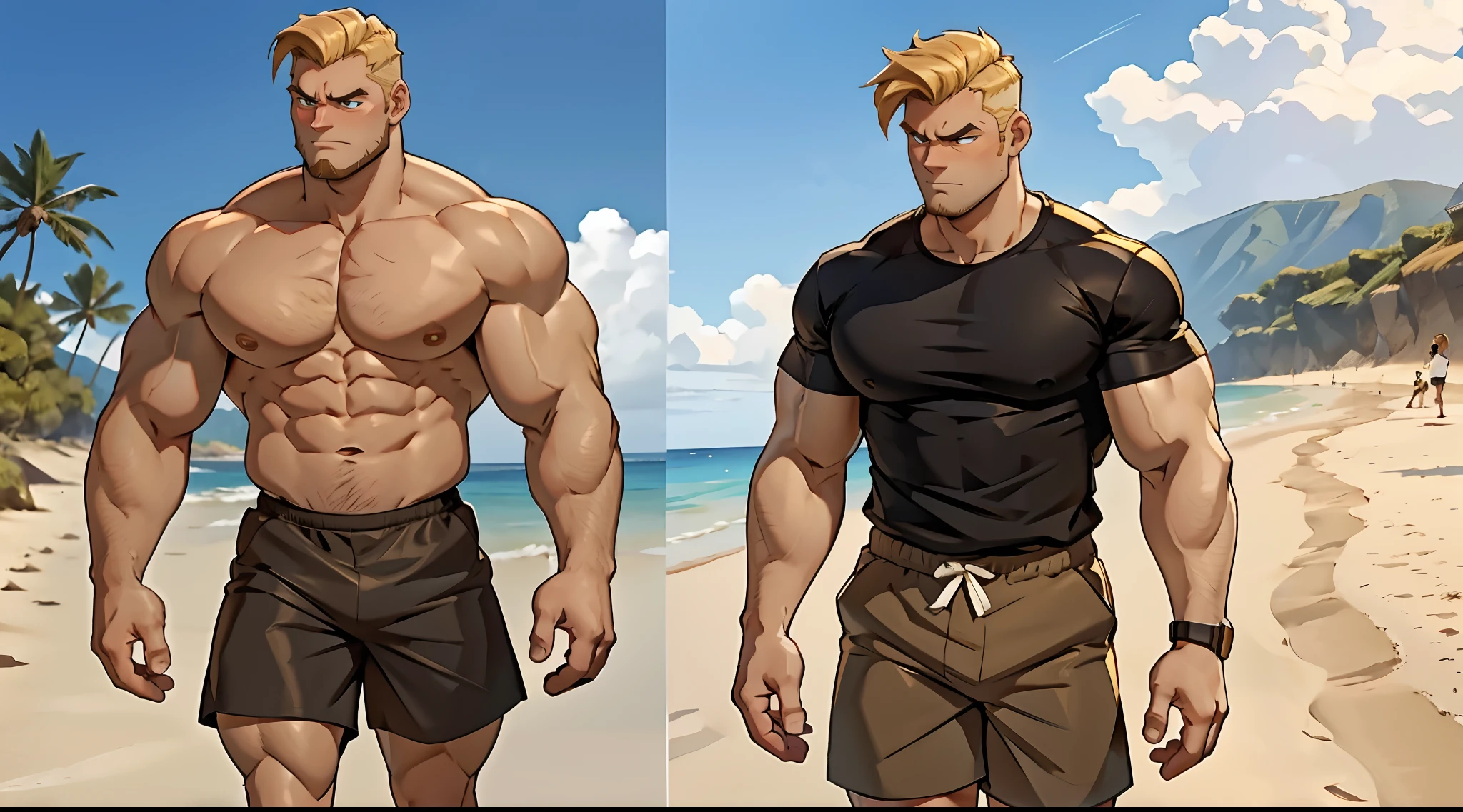 Mike Andersson, a tall boy with a muscular build, blond hair, undecut hairstyle, black shirt, brown shorts, walks sadly on the sandy beach, he's very upset.