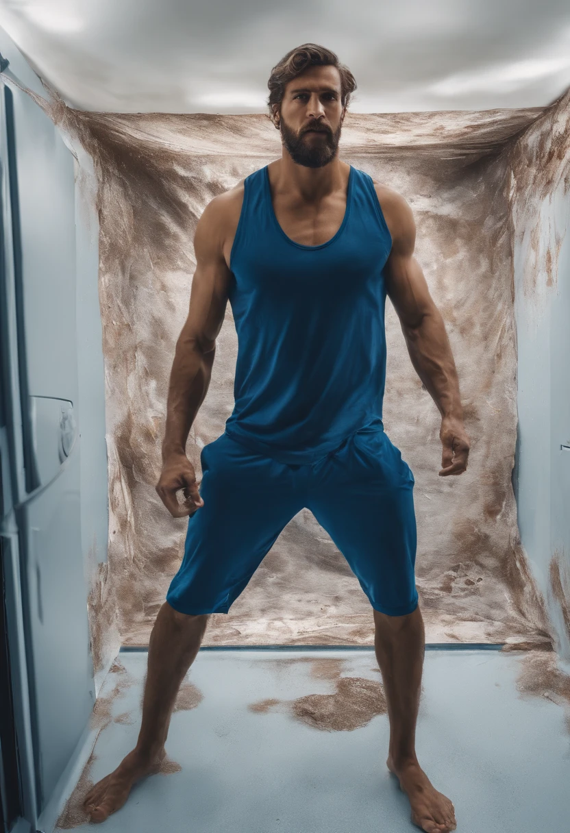 Perfect centralization, Homens Legais, Use roupas de trabalho azul marinho, sweating, alegria, Standing position, beleza abstrata, Centrado, looking at the camera, Facing the camera, Approaching perfection, Dynamic, altamente detalhado, liso, Colocando uma geladeira gigante,Putting it in a giant washing machine ,Coloque uma TV enorme,8k, alta resolução, illustration, arte de Carne Griffiths e Wadim Kashin, fundo branco