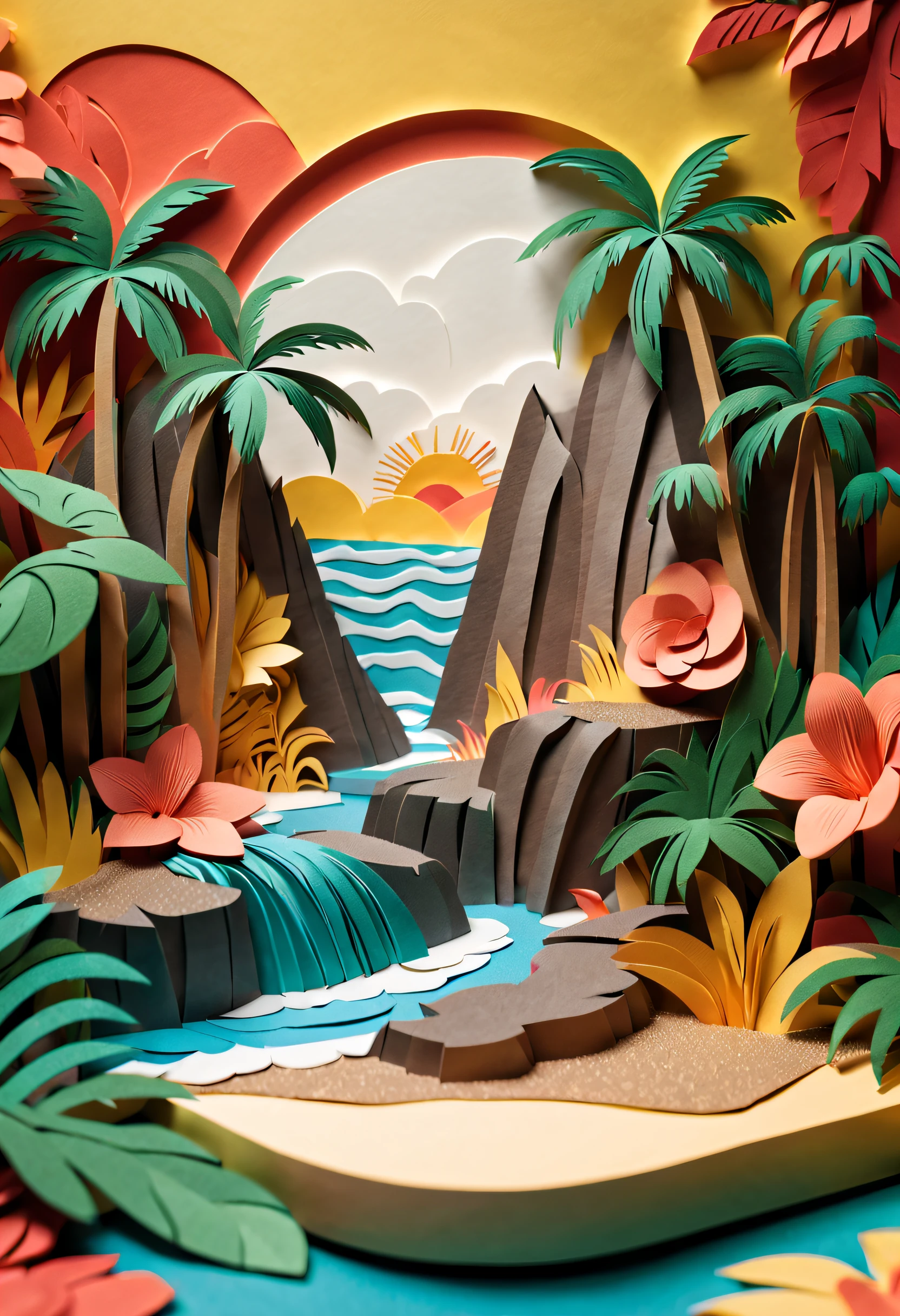 Intricate illustrations in paper art style,Hawaiian flair,Rendered in 3D,And draw inspiration from postmodern art, As a play by the Guggenheim,best qualtiy,realisticlying,realisticlying,super-fine,highly elaborate carvings on ,