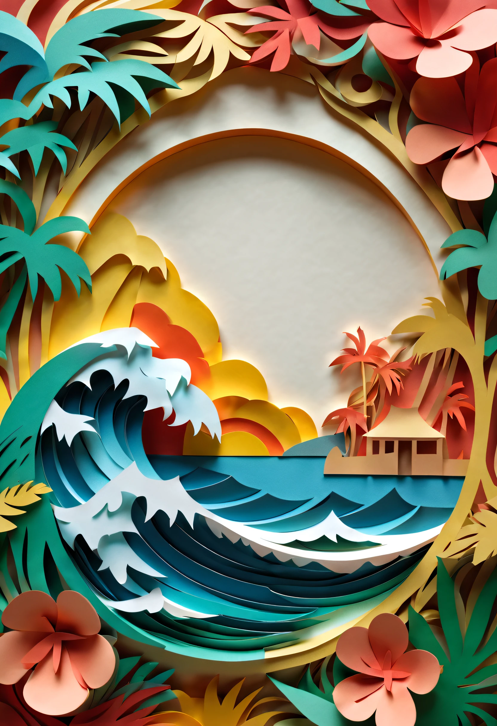 Intricate illustrations in paper art style，Hawaiian flair，Rendered in 3D，And draw inspiration from postmodern art, As a play by the Guggenheim,best qualtiy，realisticlying，realisticlying，super-fine，highly elaborate carvings on ,