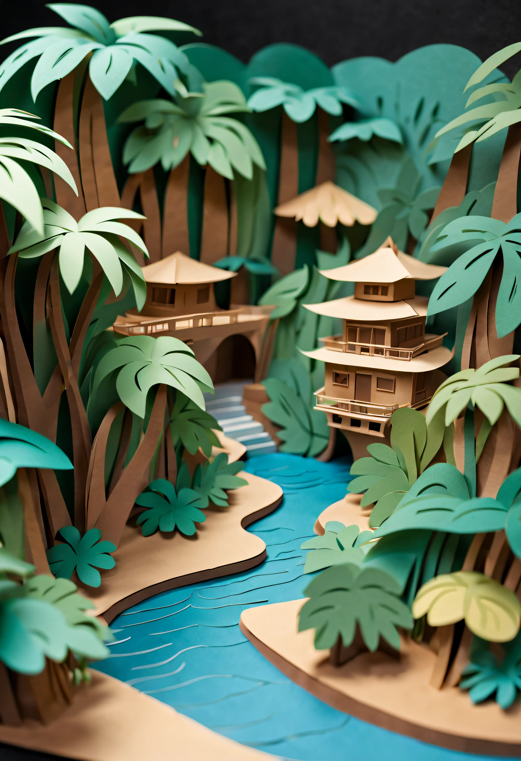 Intricate illustrations in paper art style，Hawaiian flair，Rendered in 3D，And draw inspiration from postmodern art, As a play by the Guggenheim,best qualtiy，realisticlying，realisticlying，super-fine，highly elaborate carvings on ,