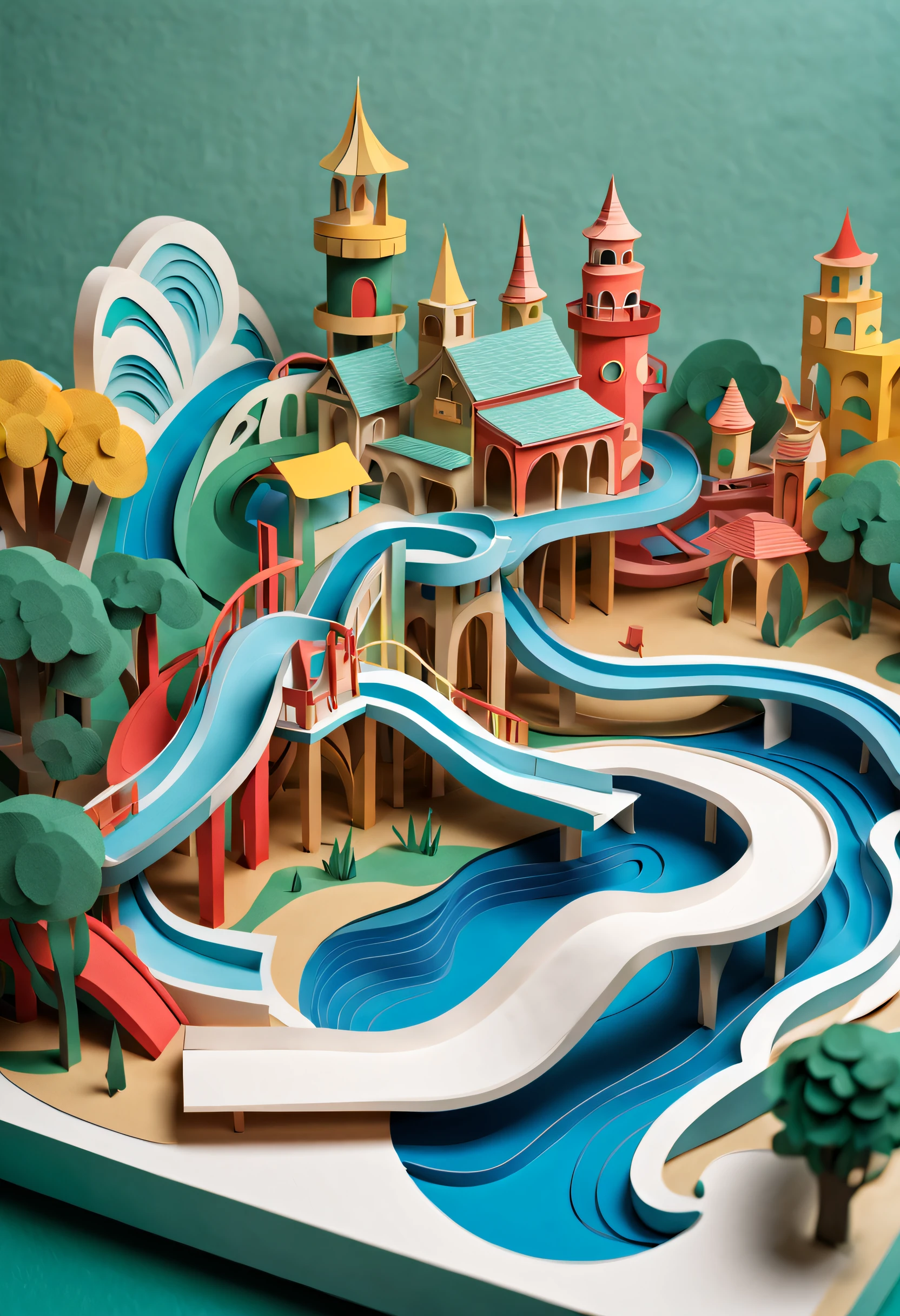 Intricate illustrations in paper art style，waterpark，Rendered in 3D，And draw inspiration from postmodern art, As a play by the Guggenheim,best qualtiy，realisticlying，realisticlying，super-fine，highly elaborate carvings on ,