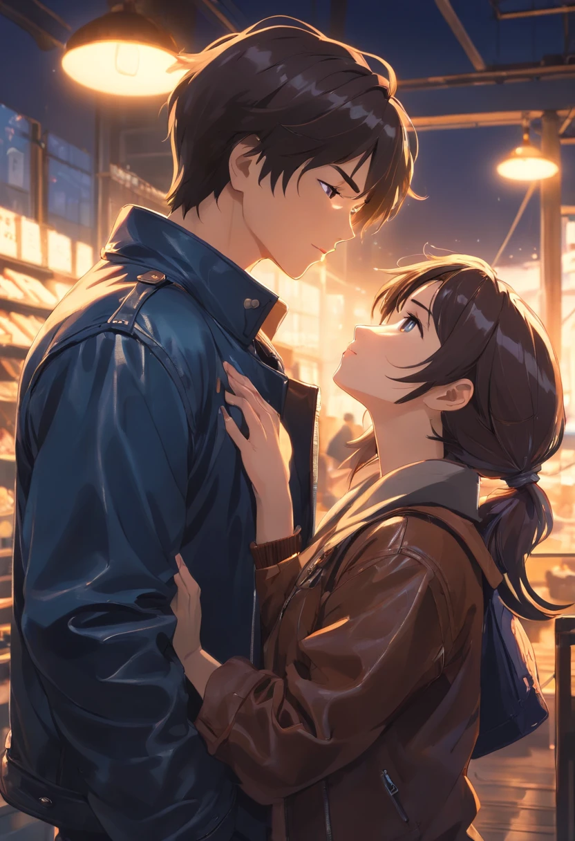Masterpiece, Superb Clothing, (illustration), ((2 people)), ((Handsome young couple kissing and hugging), (Russian Mill Style), Fashion, Leather jacket, (Long hair), (cheerfulness), (White skin), (dark circles), Handsome, Party, toasting, Uptrend, dark gray,, Close up, (Grand background), (Chiaroscuro)), Fine face in detail, Facial details, Cinematic lighting, (Depth of field), hyper HD, (Upper body), Black background