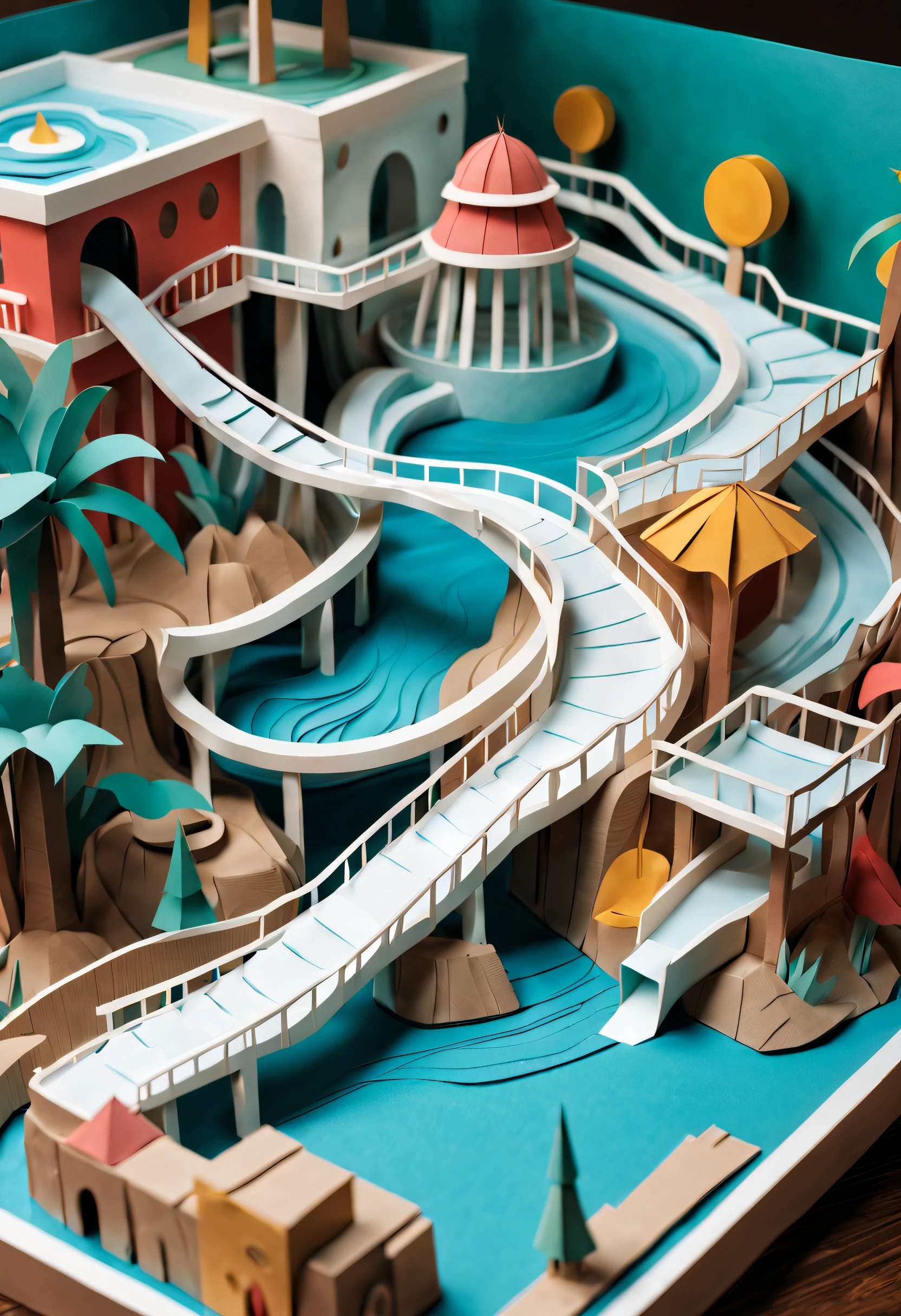 Intricate illustrations in paper art style，waterpark，Rendered in 3D，And draw inspiration from postmodern art, As a play by the Guggenheim,best qualtiy，realisticlying，realisticlying，super-fine，highly elaborate carvings on ,