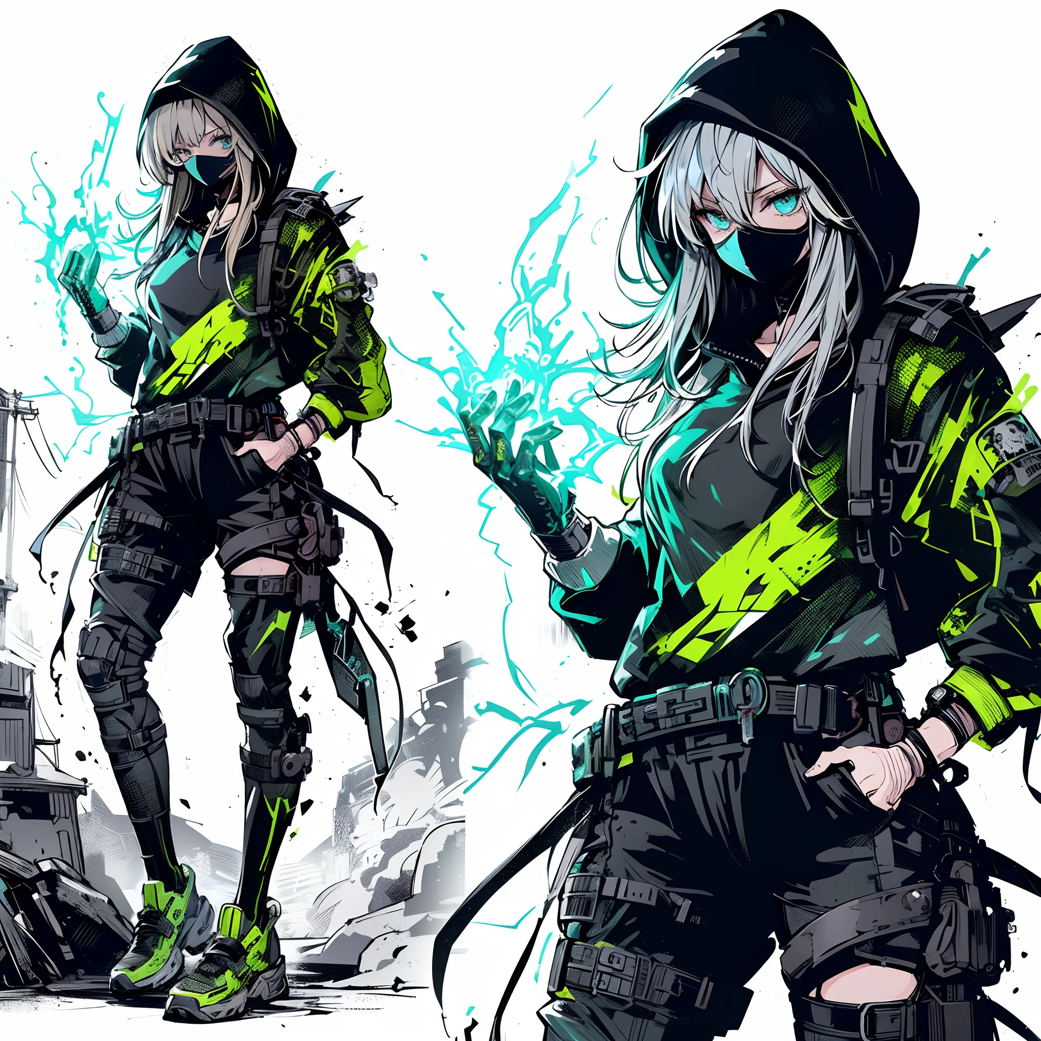 (masutepiece, Best Quality), (Perfect athlete body:1.2), (detailed hairs), Ultra-detailed, Anime style, Full body, White background, Whole body, cyberpunk ninja lady, tall and stylish, street outlaw, wearing neon-green gang wear, tech boots sneaker, grey-blonde hair, ninja mask, dark aura, lightning bolt from hands High resolution, 8K, detaileds, White background, 8K, full body detailing, trend artstation, Standing in the wasteland.