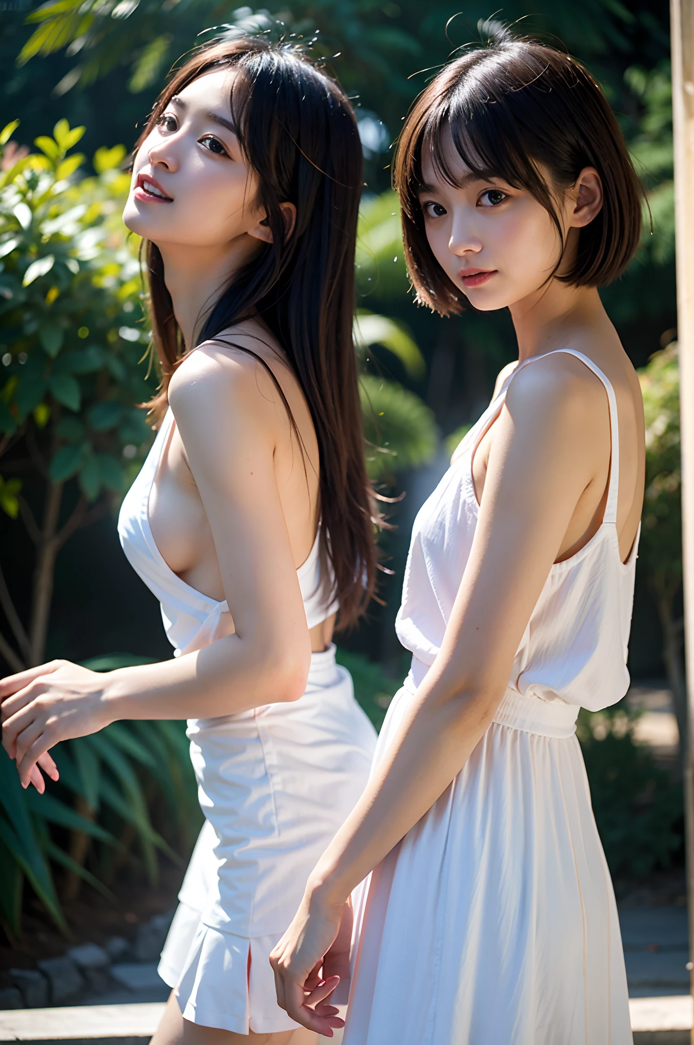 masterpiece, top-quality、Raw foto, Photorealsitic、I have two girls who are 18 years old、Walk while having a pleasant conversation、sideshot、a closeup、fullnude、Open your mouth and laugh、Short bob blonde and long black hair、Japan Girl、Idol、Smaller chest、unbelievable Ridiculous、depth of fields, hight resolution, ultra-detailliert, foco nítido, Cinematic lighting