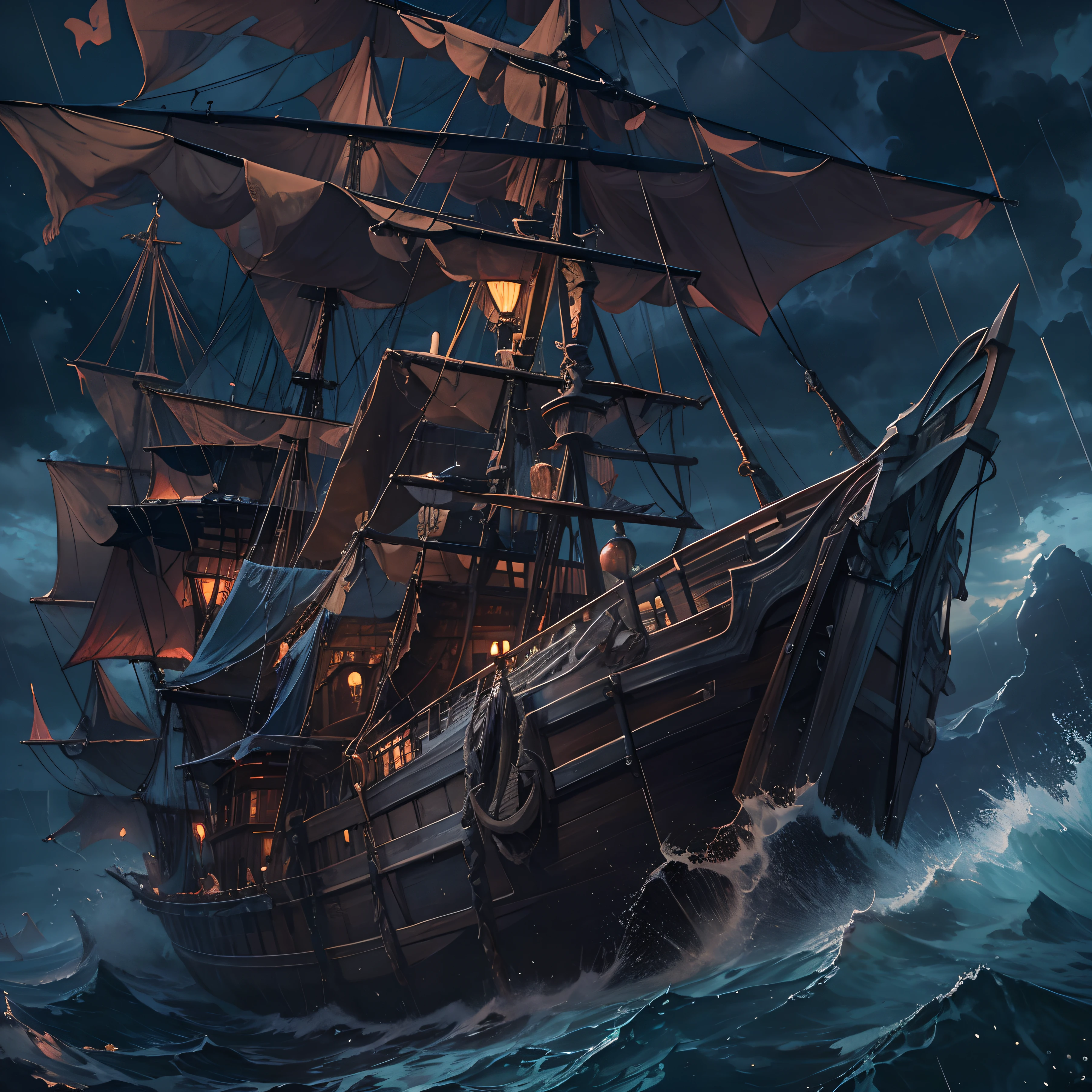 Masterpiece, Highest quality)), Detailed face, ， full bodyesbian, Full of details water, 4k, sea, coral, storm, large waves, boat, pirate ship, night, dark, rain, stor