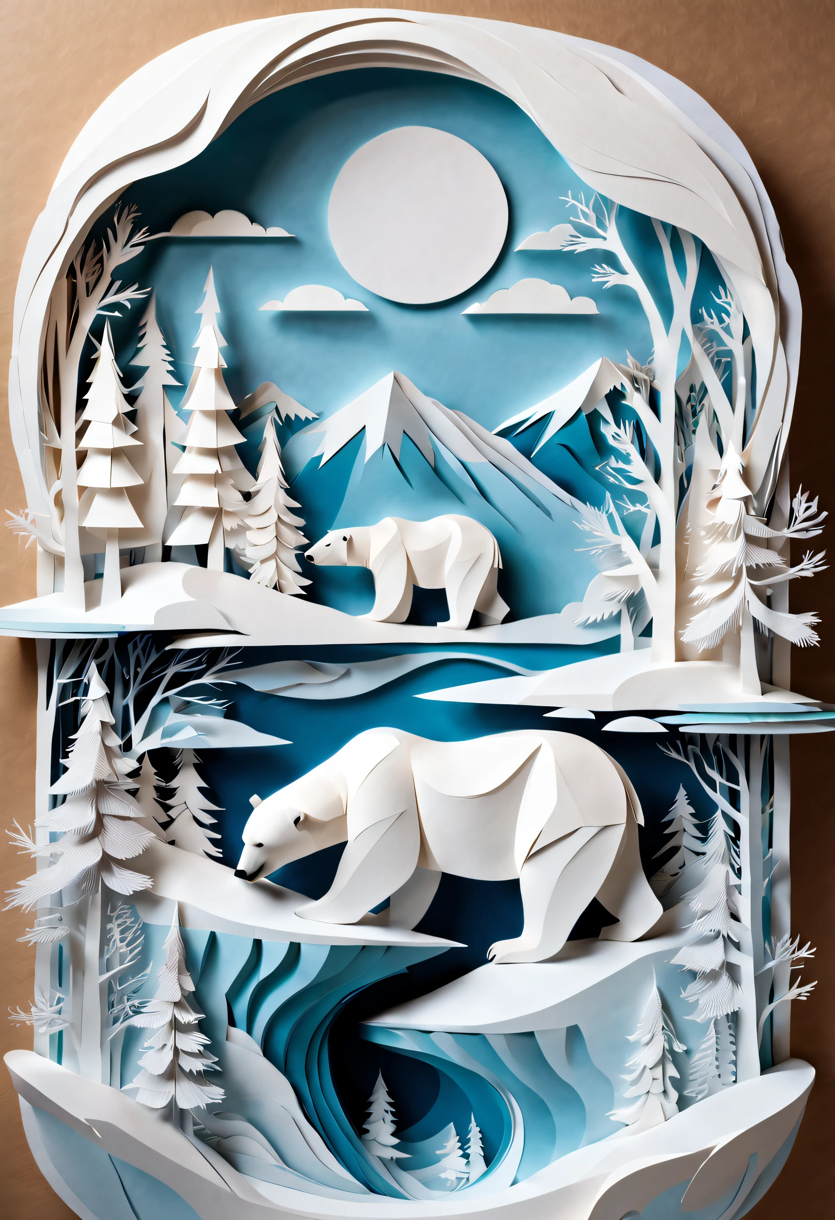 Intricate illustrations in paper art style，Arctic scenery，Polar bears，Rendered in 3D，And draw inspiration from postmodern art, As a play by the Guggenheim,best qualtiy，realisticlying，realisticlying，super-fine，highly elaborate carvings on ,
