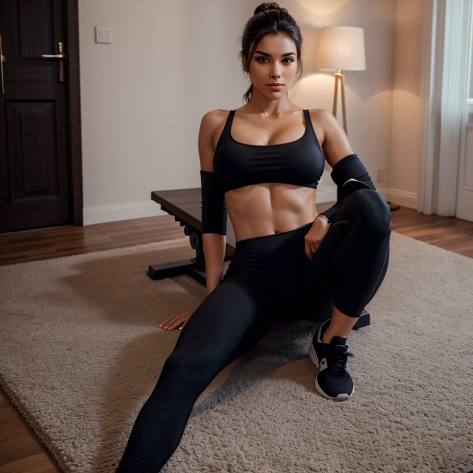 araffe woman wearing gym suit, resting at home, stunning elegant pose, elegant posed, looking to the side, young sensual graceful, seductive lady, sexy look, tight attire, medium breast, night time