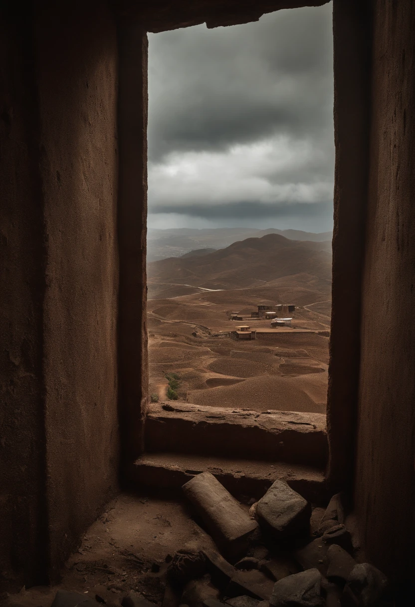 (8k),(master part),Absurdo, alto, ultra-detalhado, (1girl:1.3),, quebrar, lowkey lighting, atmosfera sombria, sombras escuras, Destaques sutis, Aura misteriosa, quebrar, panoramic photo, Perspectivas Grande Angular, breathtaking landscapes, vistas deslumbrantes, cenas expansivas, profundidade visual, Breathtaking perspectives, (post apocalyptic wasteland), (Desfiladeiro da Rocha Vermelha), Vista de um barraco de madeira, ((View from a warehouse window)), em primeiro plano, Ammunition boxes and tank cartridges;